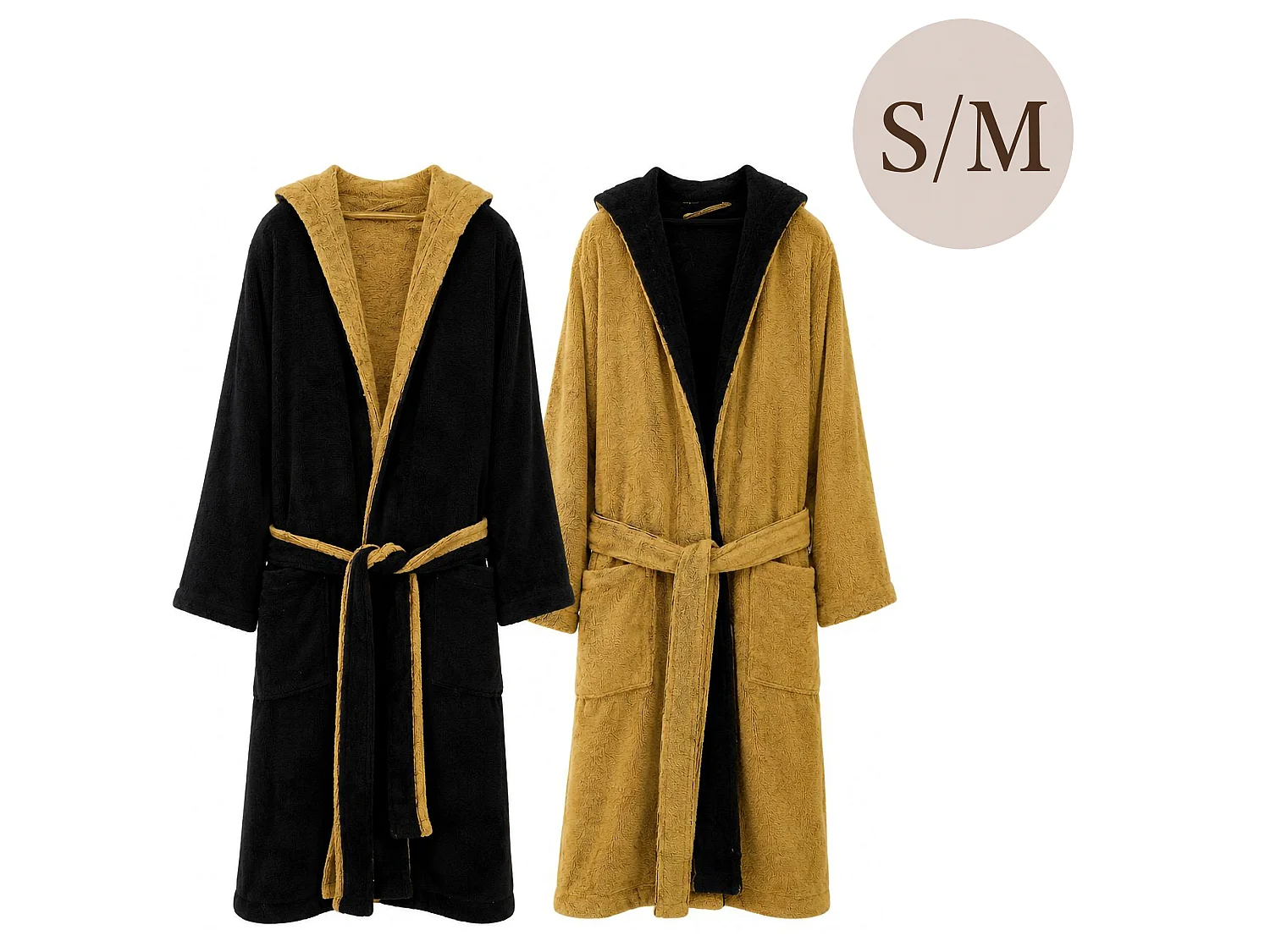 Peignoir Selesi, 100% Coton avec Capuche Réversible, Noir, Structure or, Taille S/M