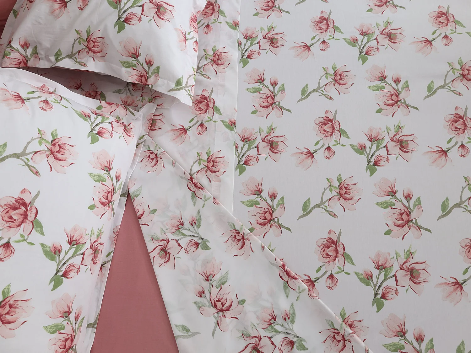 Ensemble Complet Lit Double Saliro, en Percale, Rose, Lavable en Machine, Sèche-linge