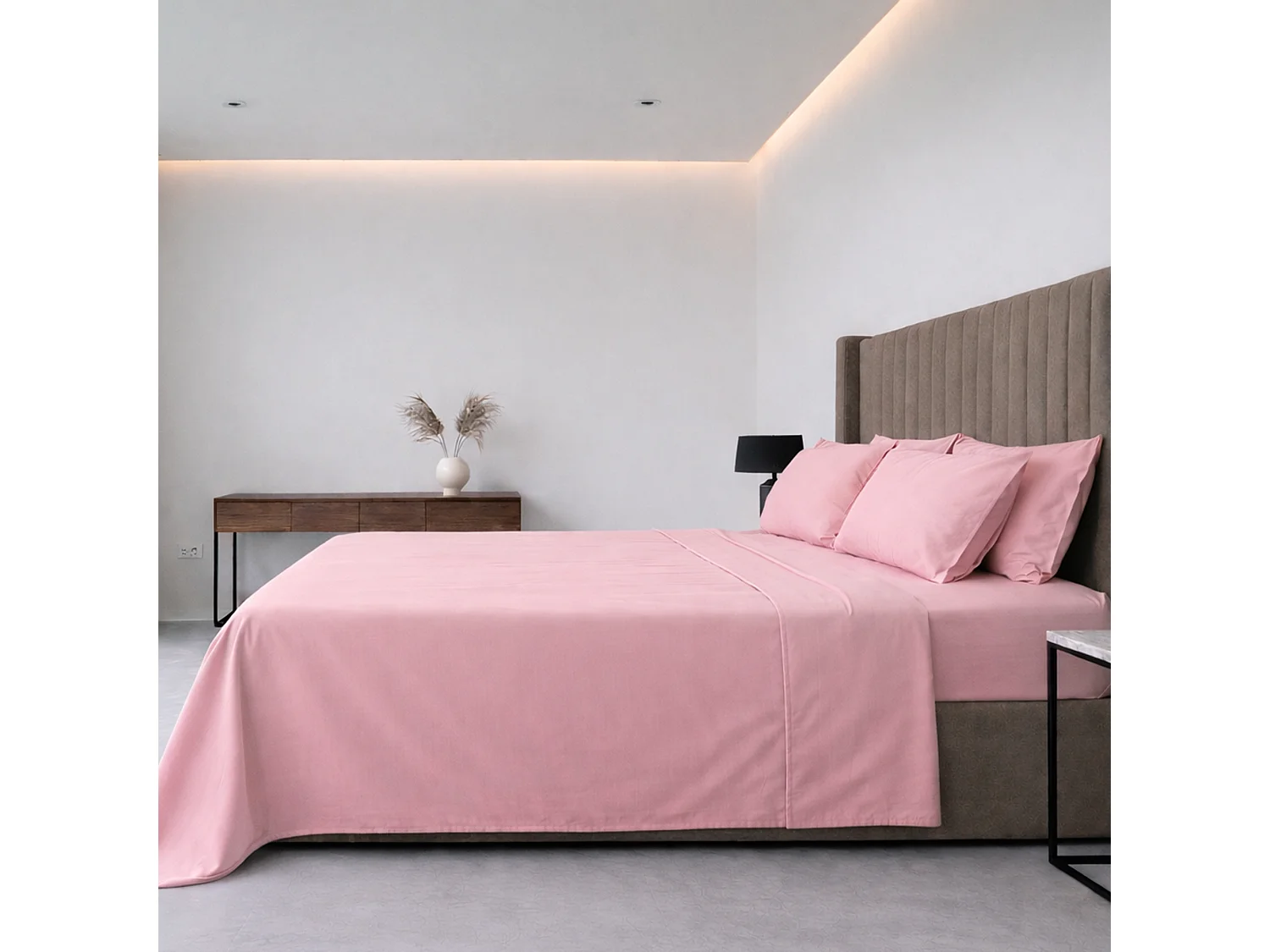 Ensemble Complet Lit Double Sarisa, en Polycoton, Rose, Lavable en Machine