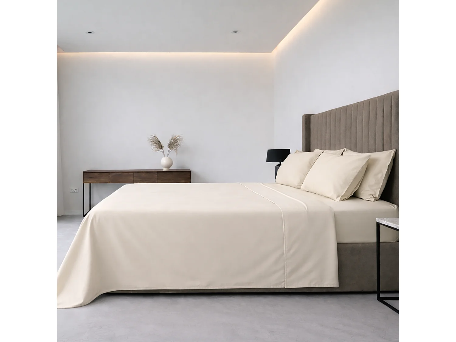 Ensemble Complet Lit Simple Sapatalo, en Poly-coton, Blanc Crème, Lavable en Machine