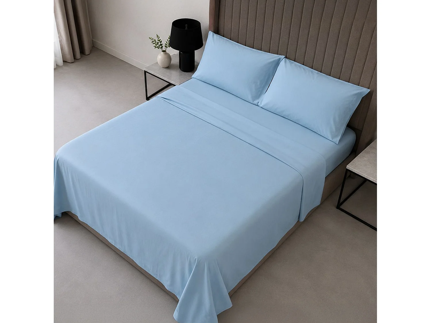 Ensemble Complet Lit Simple Sapatalo, en Polycoton, Bleu, Lavable en Machine