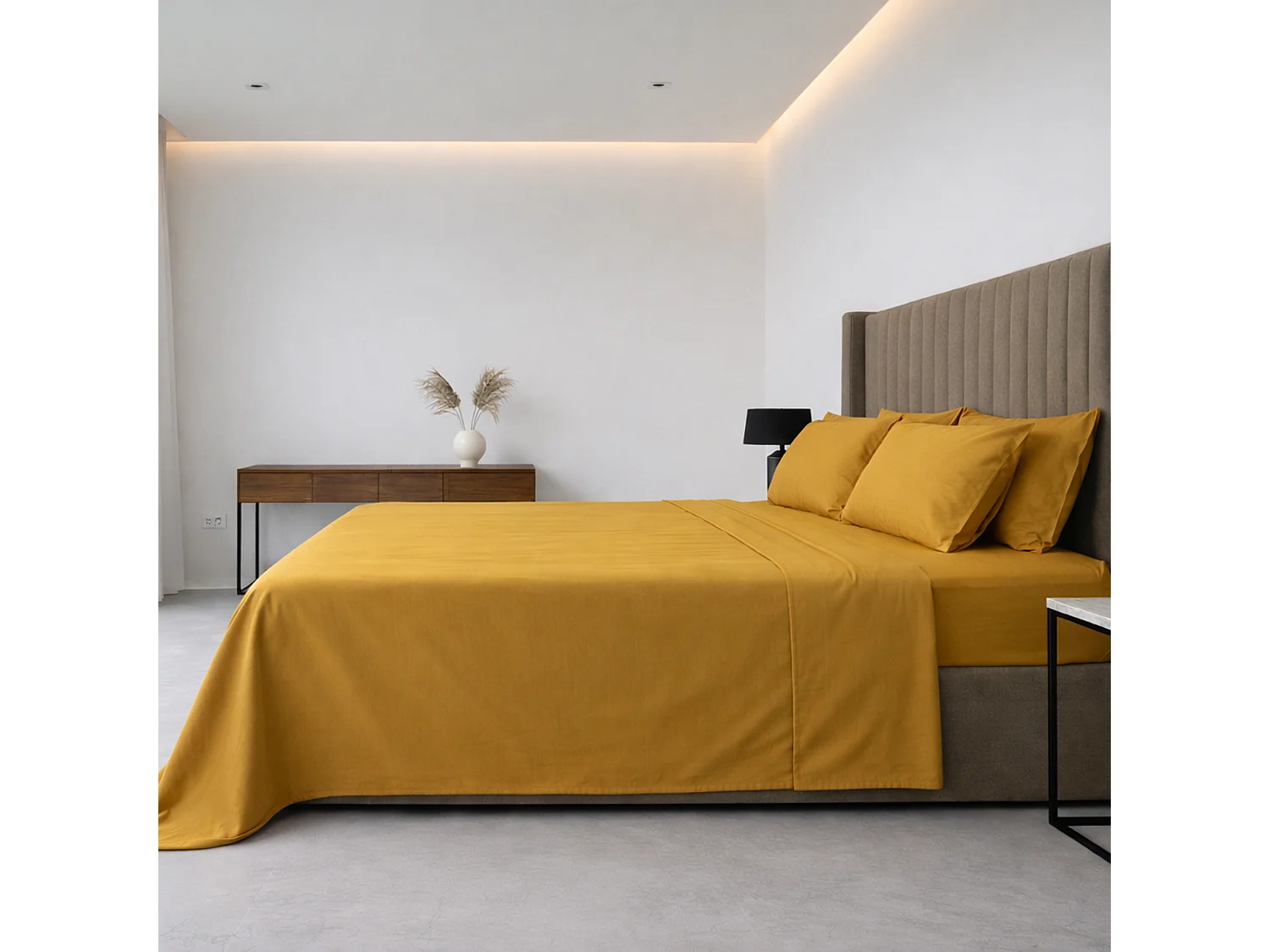 Ensemble Complet Lit Simple Sapatalo, en Polycoton, Jaune Moutarde, Lavable en Machine