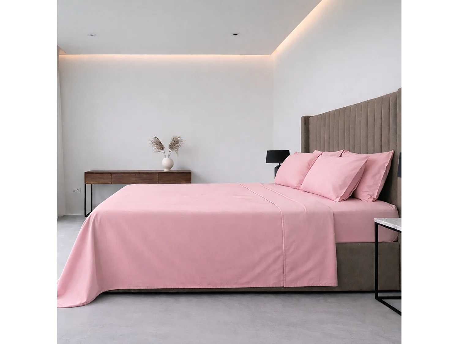 Ensemble Complet Lit 1,5 Place Sarenina, en Polycoton, Rose, Lavable en Machine