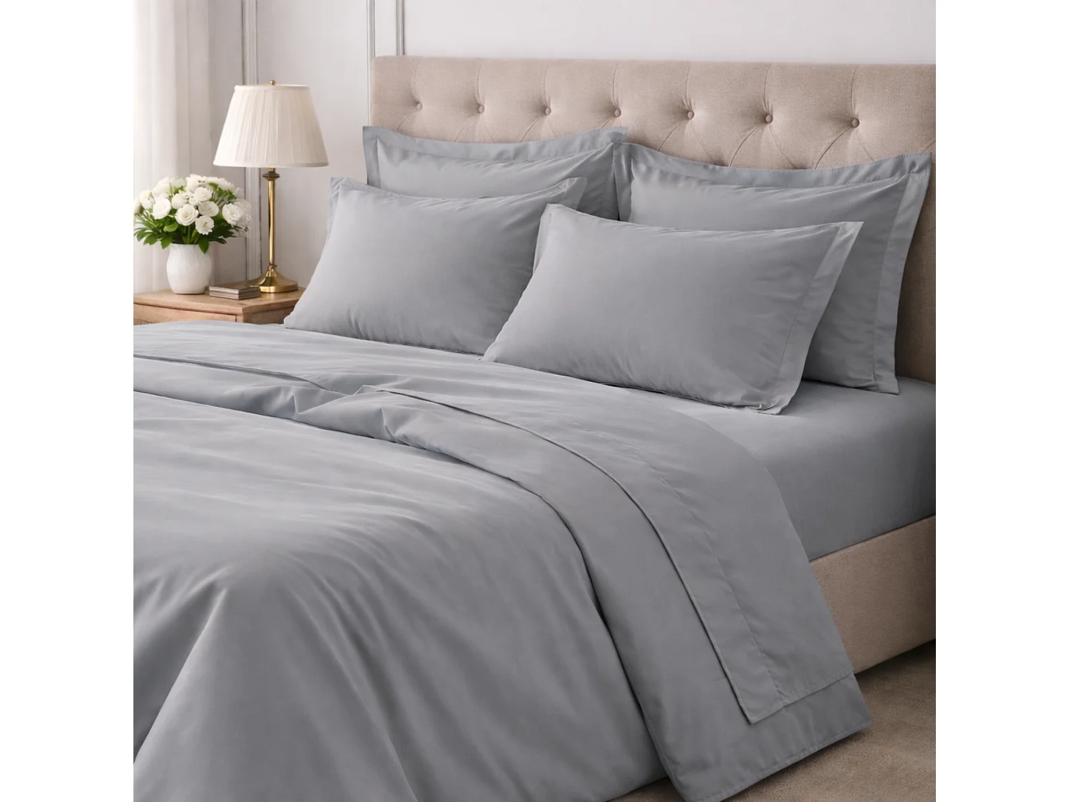 Set Completo Letto Singolo Rotihamo, in Cotone, Grigio Pietra, Lavabile in Lavatrice