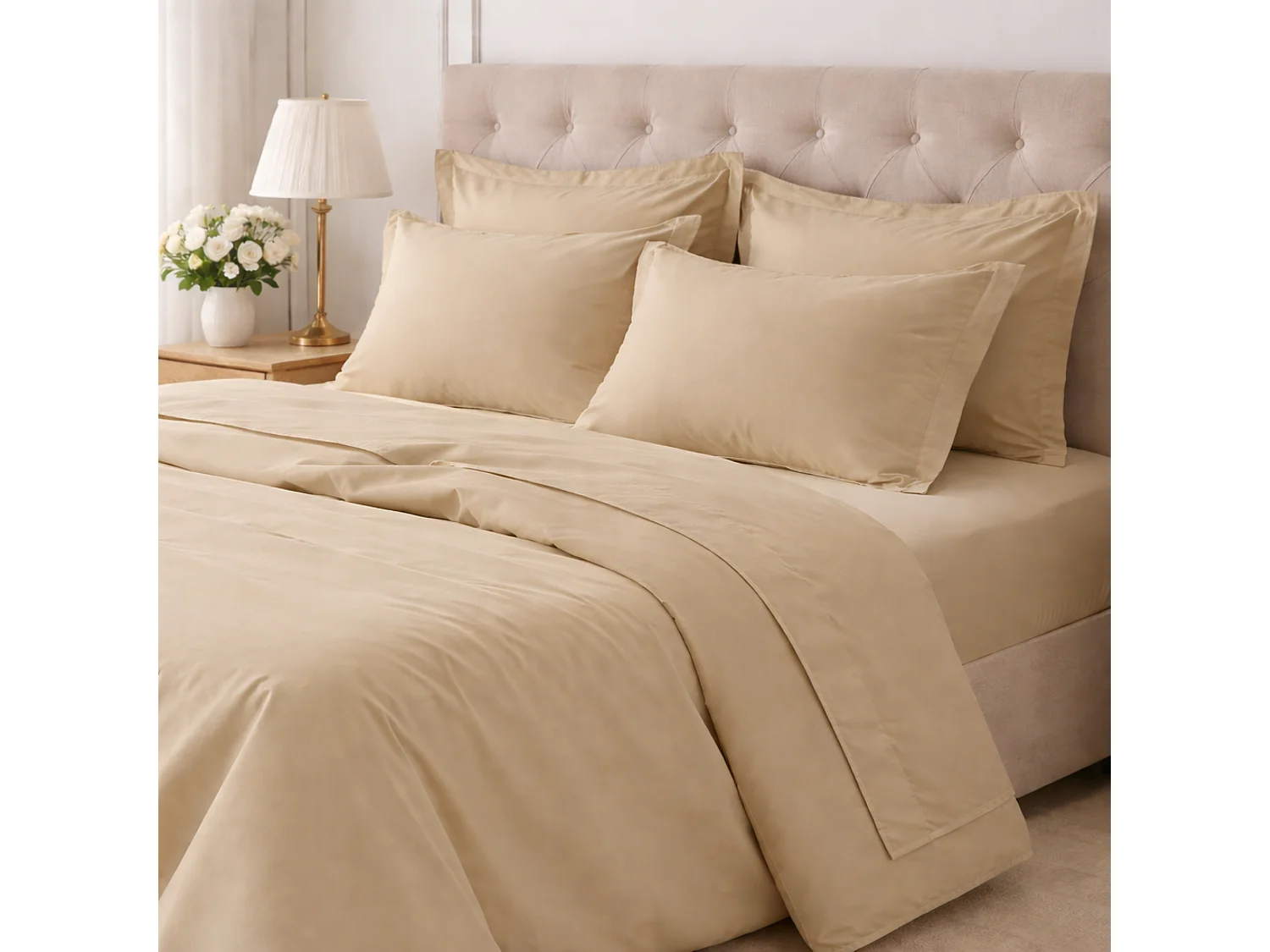 Set Completo Letto Piazza e Mezza Rotira, in Cotone, Marrone Sabbia, Lavabile in Lavatrice, Asciugatrice