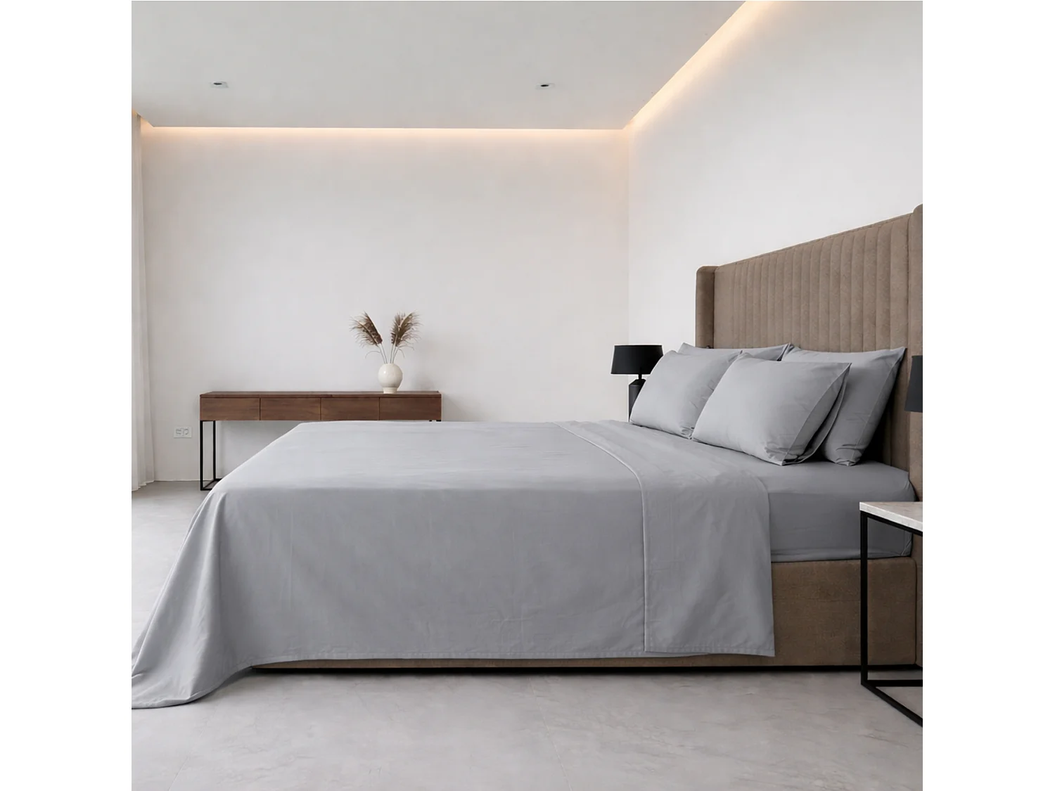 Ensemble Complet Lit Simple Sapatalo, en Polycoton, Gris Pierre, Lavable en Machine