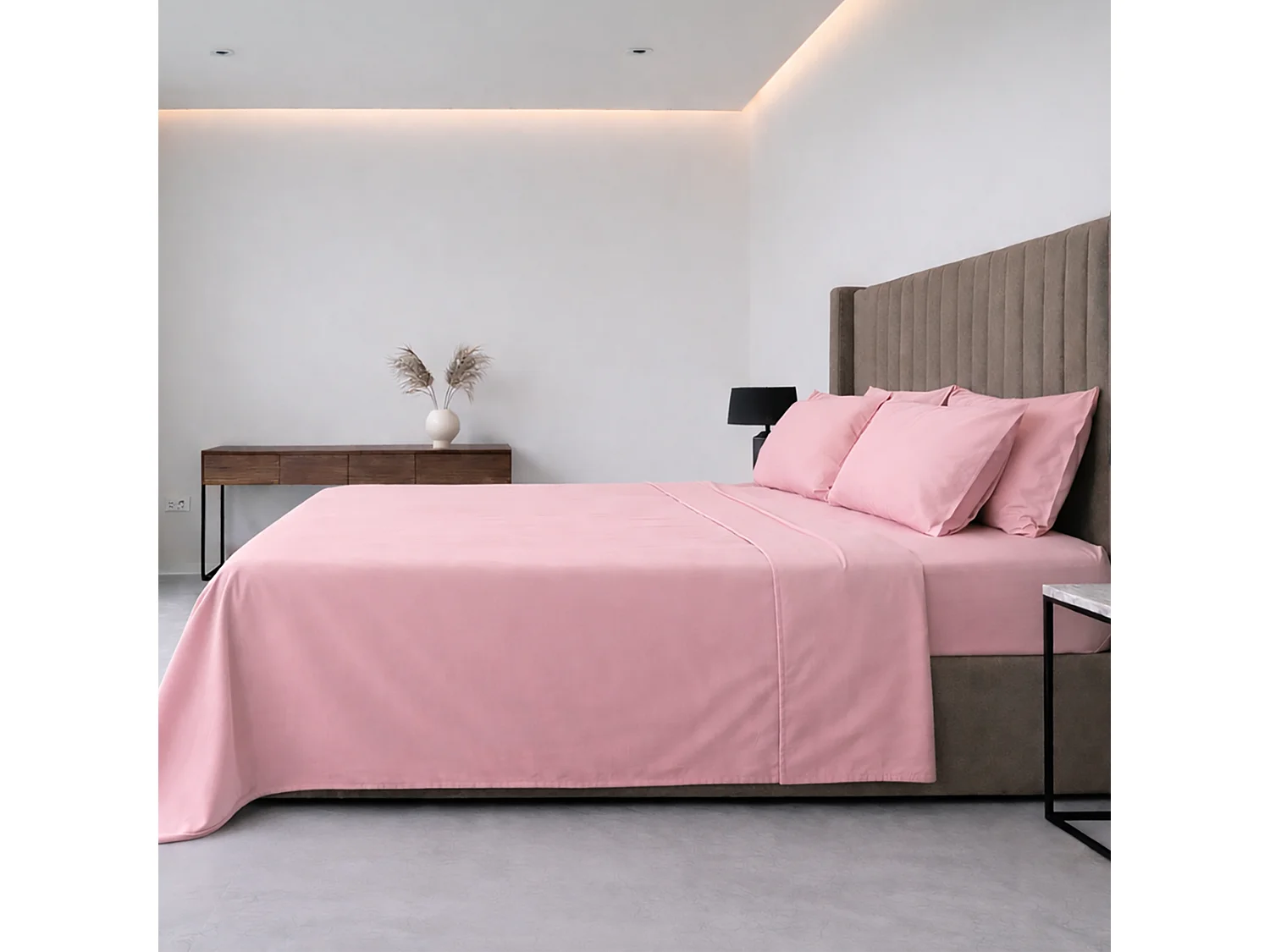 Ensemble Complet Lit Simple Sapatalo, en Polycoton, Rose, Lavable en Machine