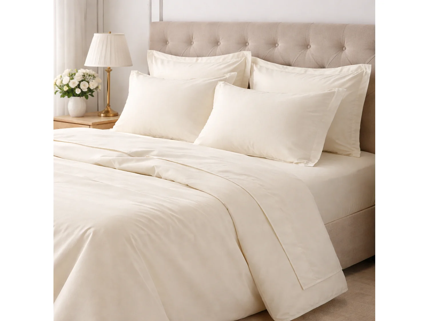 Set Completo Letto Matrimoniale Rova, in Cotone, Bianco Avorio, Lavabile in Lavatrice, Asciugatrice