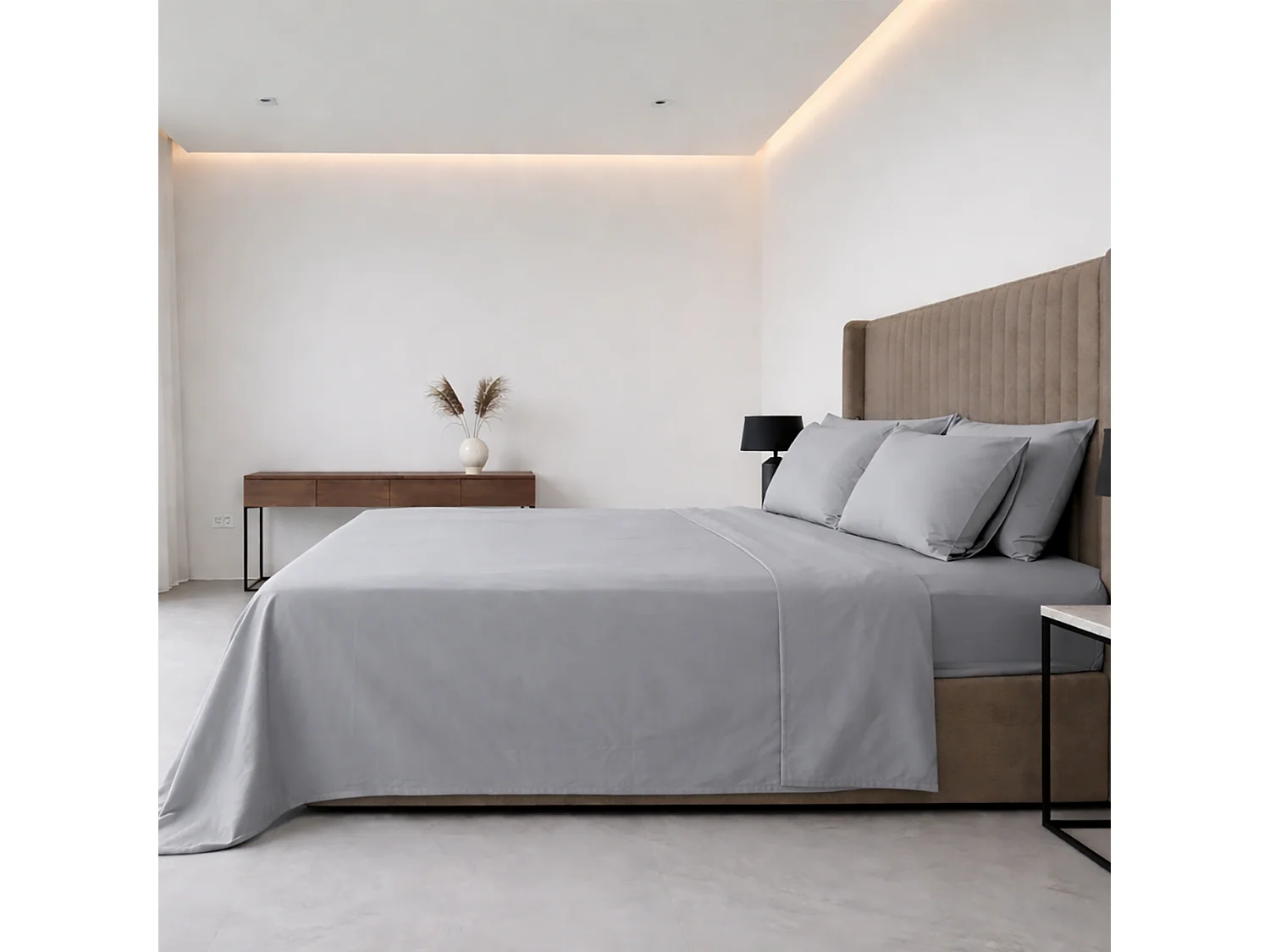 Ensemble Complet de Lit Double Sarisa, en Polycoton, Gris Pierre, Lavable en Machine