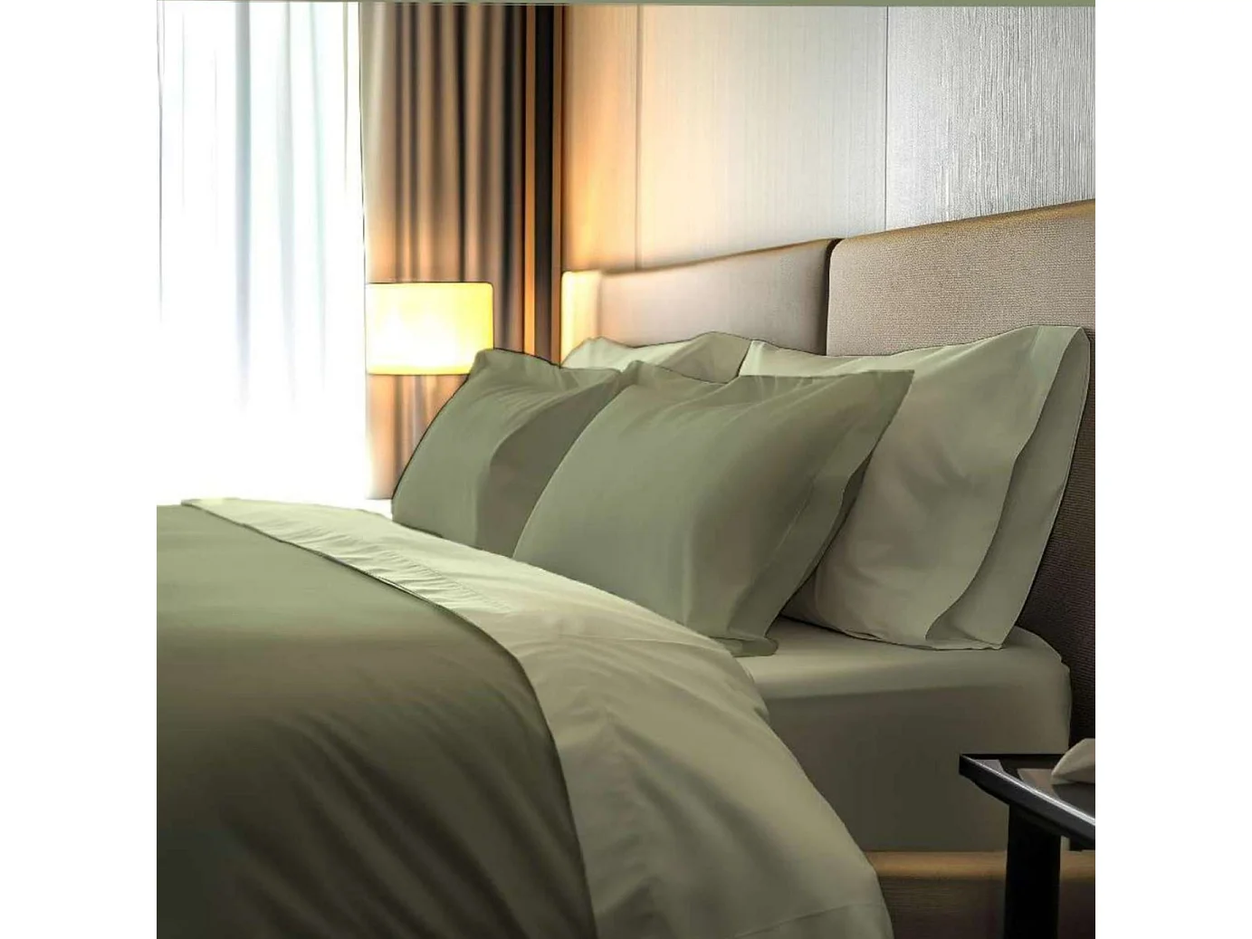 Set Completo Letto Singolo Rosinone, in Percalle, Verde, Lavabile in Lavatrice, Colore Struttura Bianco