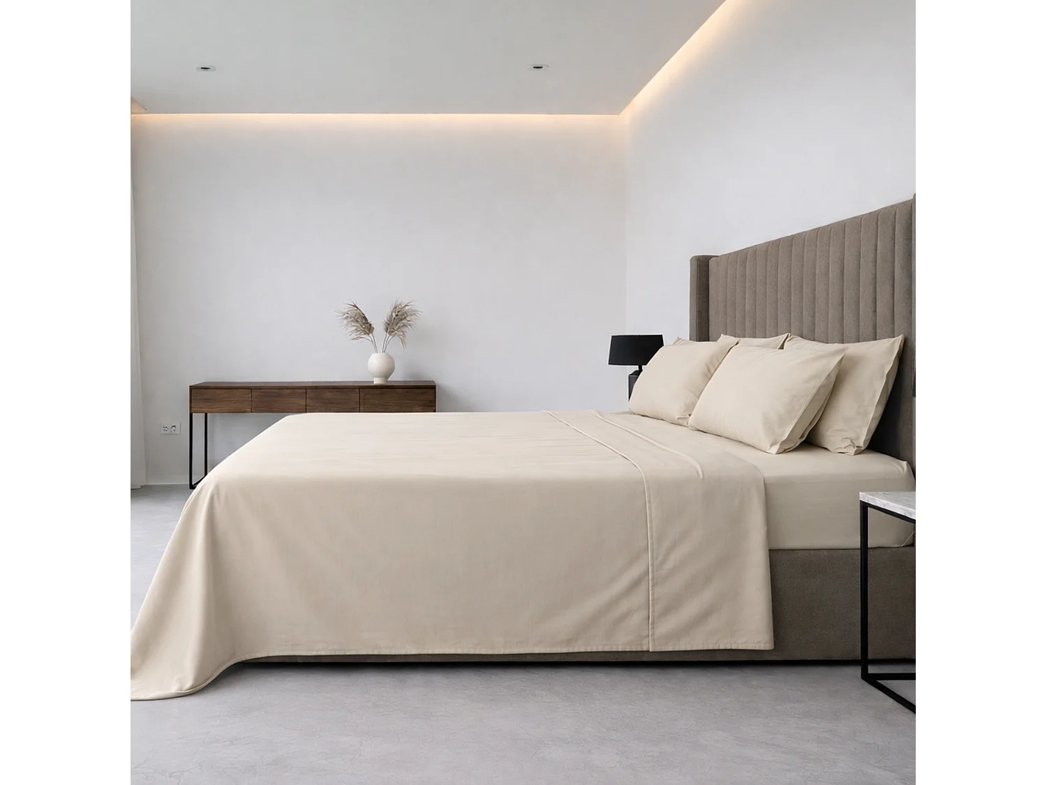 Ensemble Complet Lit Double Sarisa, en Polycoton, Beige Écru, Lavable en Machine
