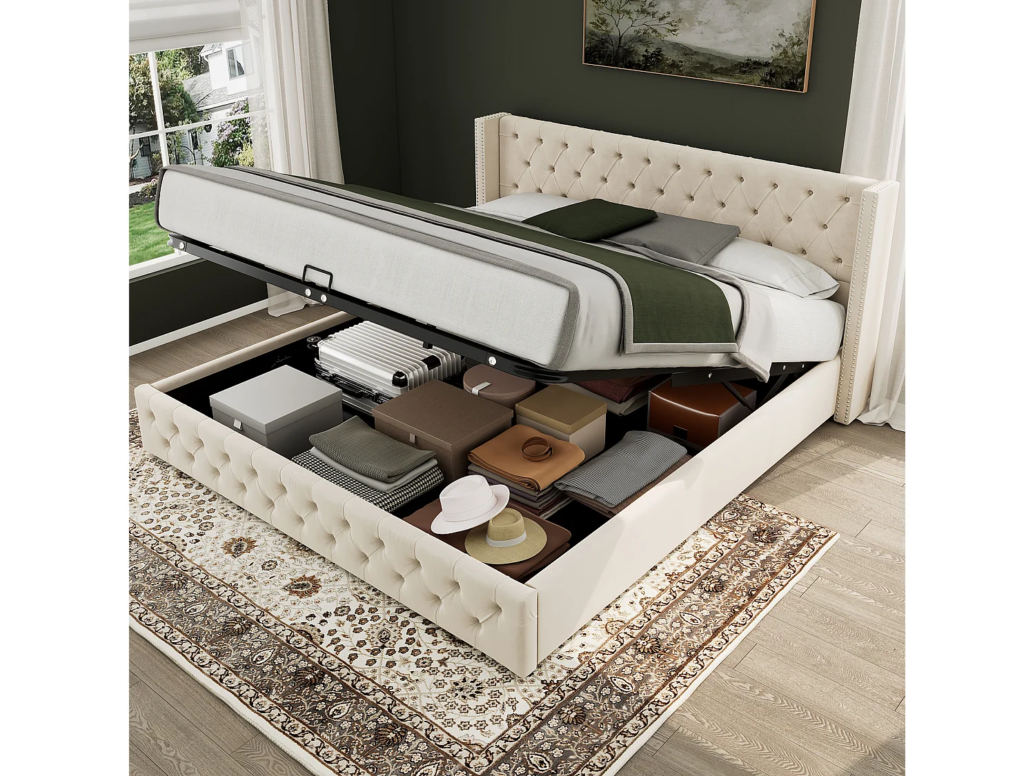 Lit Chesterfield 140x200 cm, Tête de Lit Capitonnée Haut 94,5 cm, Double Rangée de Clous, Rangement Hydraulique, Velours Beige