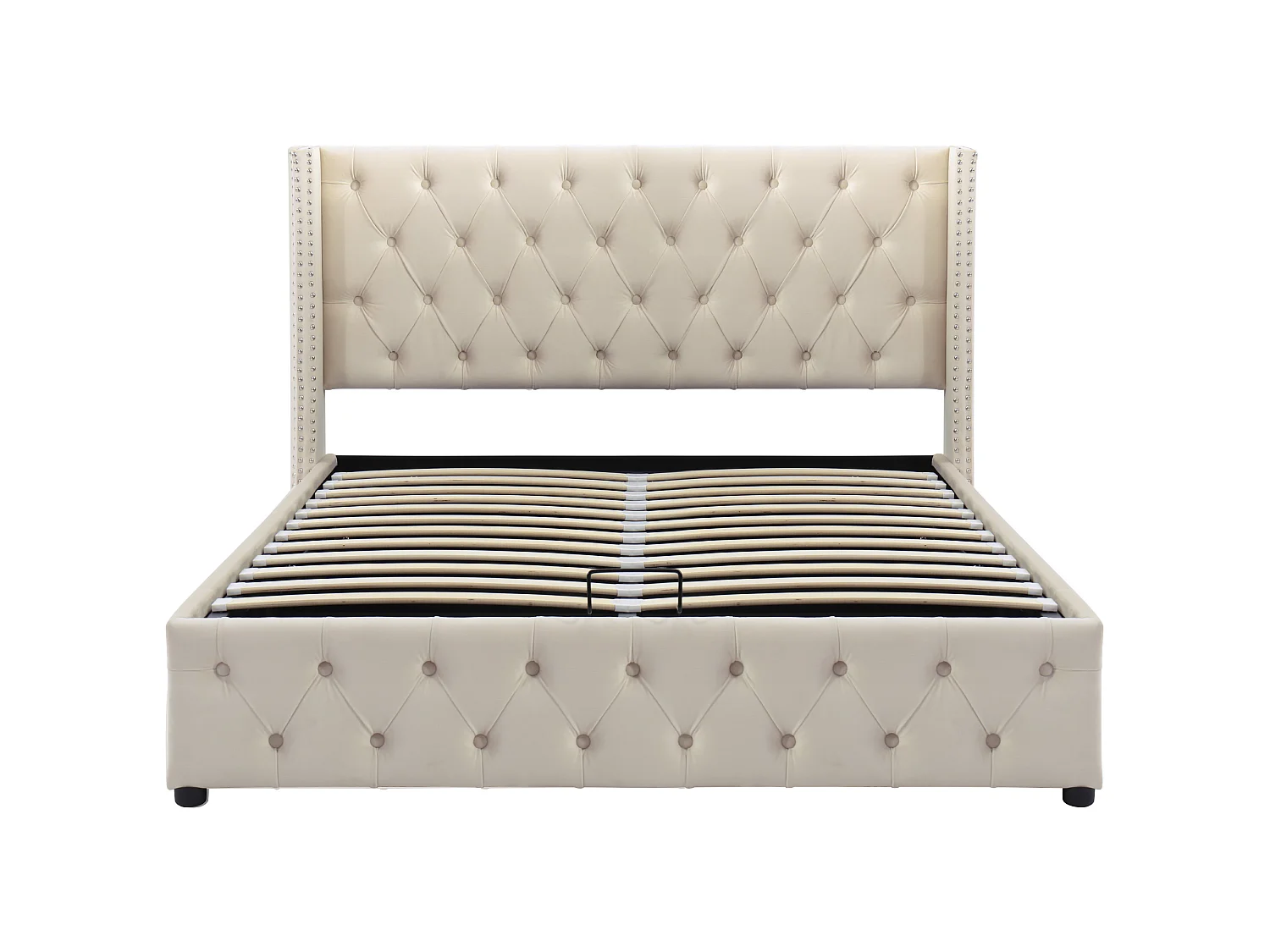Lit Chesterfield 140x200 cm, Tête de Lit Capitonnée Haut 94,5 cm, Double Rangée de Clous, Rangement Hydraulique, Velours Beige