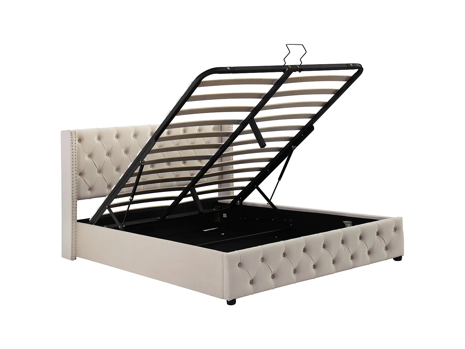 Lit Chesterfield 140x200 cm, Tête de Lit Capitonnée Haut 94,5 cm, Double Rangée de Clous, Rangement Hydraulique, Velours Beige