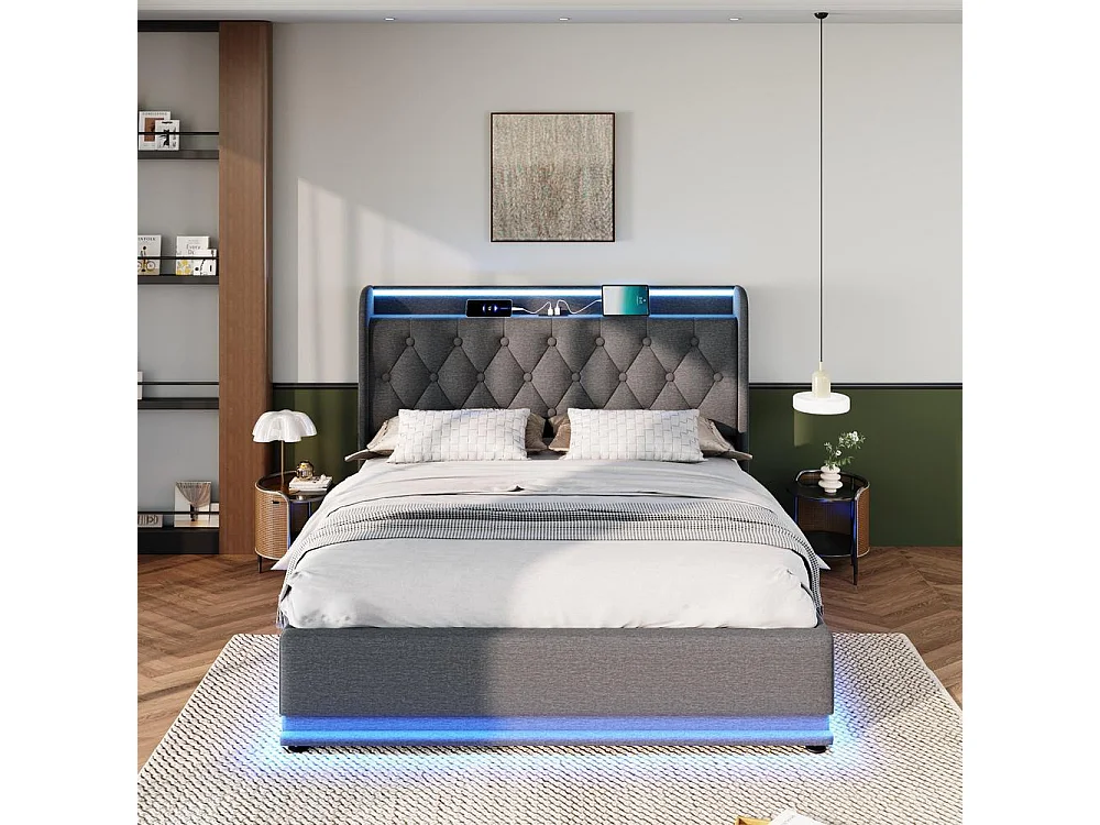 Lit double rembourré 140x200 cm avec LED 360° commande multiple, rangement hydraulique, tête de lit avec ports USB-C, lin gris