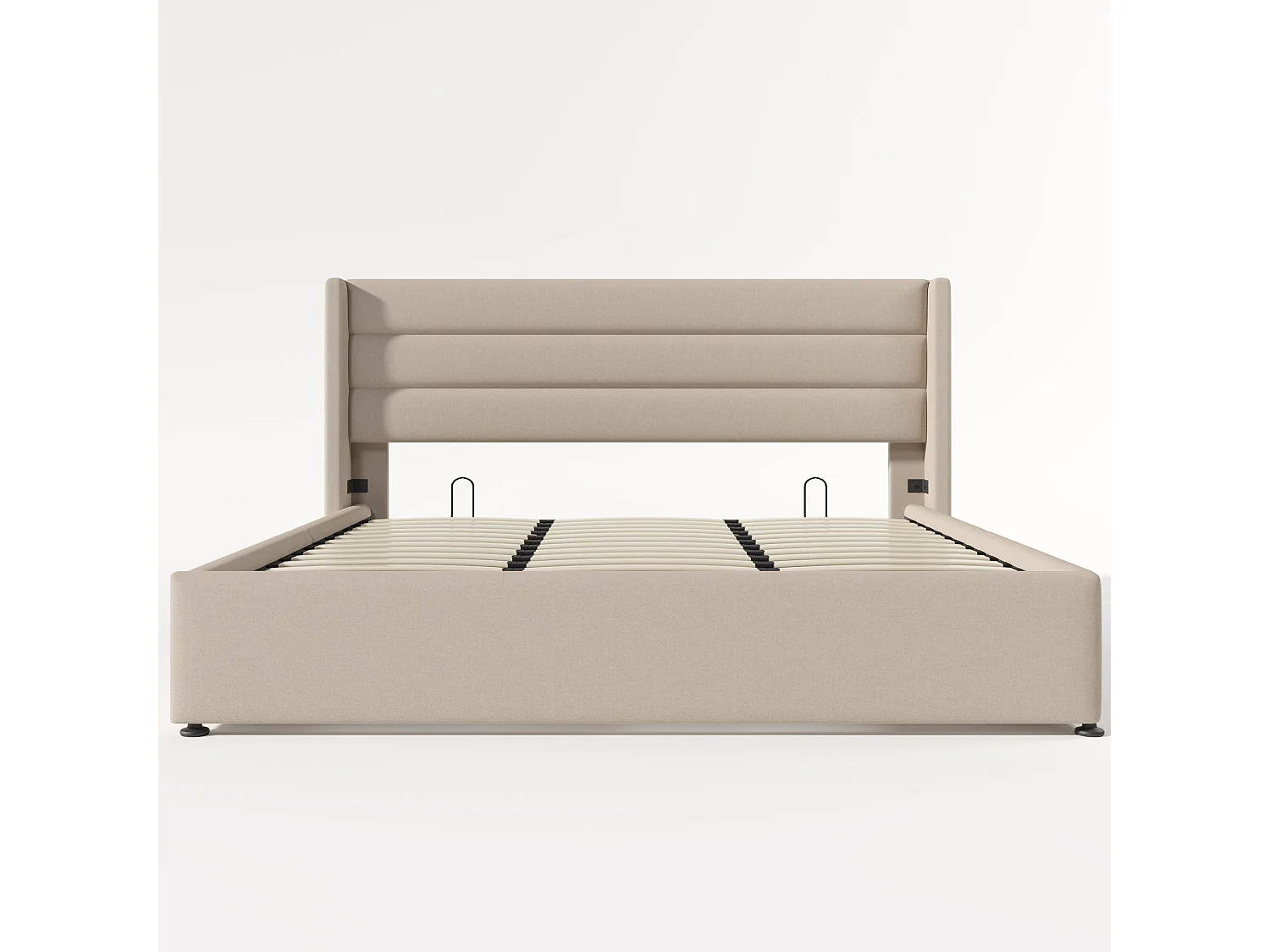 Lit double 180x200,lin,hydraulique,rangement,sommier bois,cadre métal,tête rembourrée,sans matelas,beige