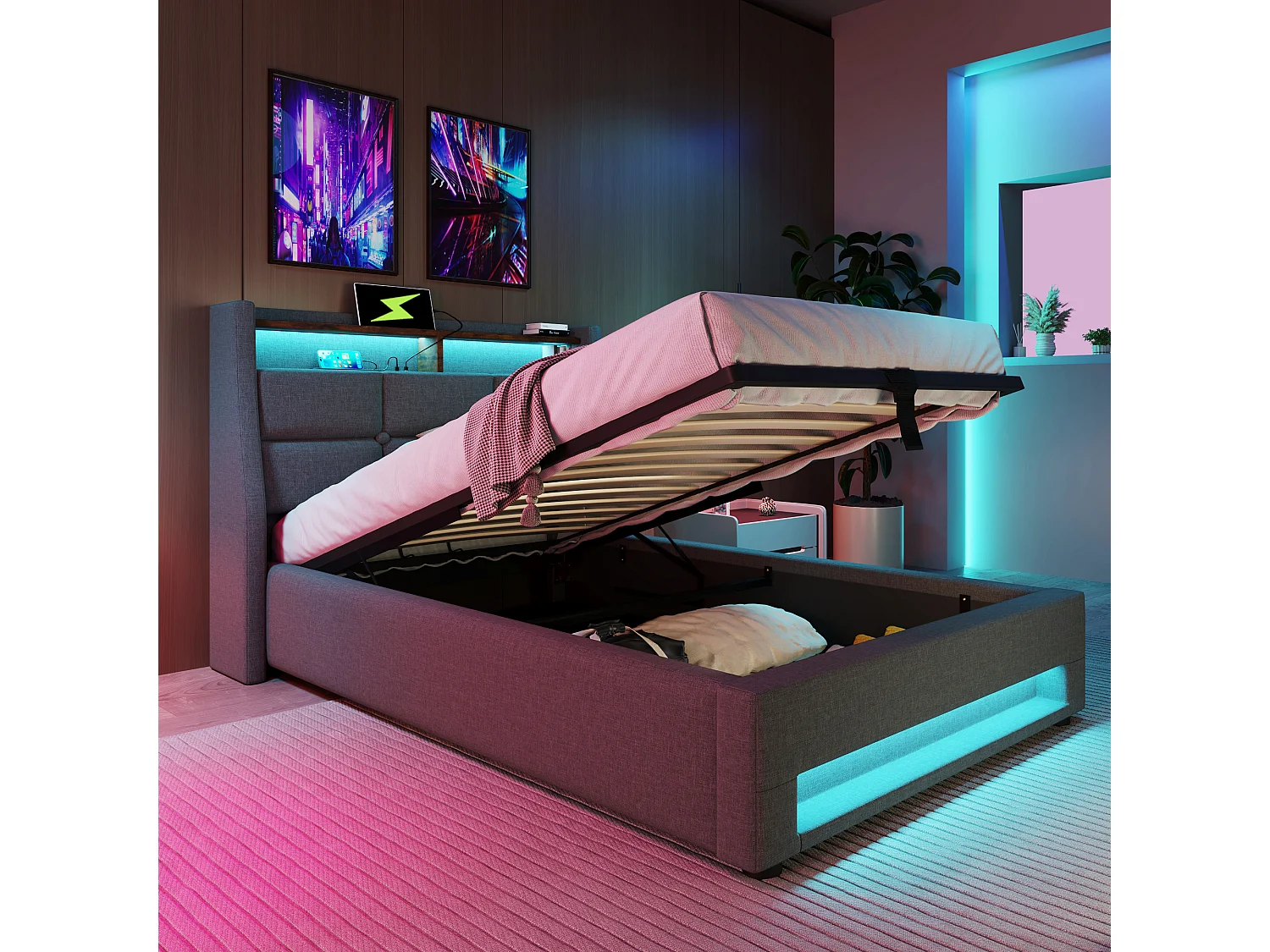 Lit 90x200 cm, Tête de Lit avec Port USB, LED Télécommandée, Rangement Hydraulique, Lin, Sommier à Lattes Inclus, Sans Matelas,Gris