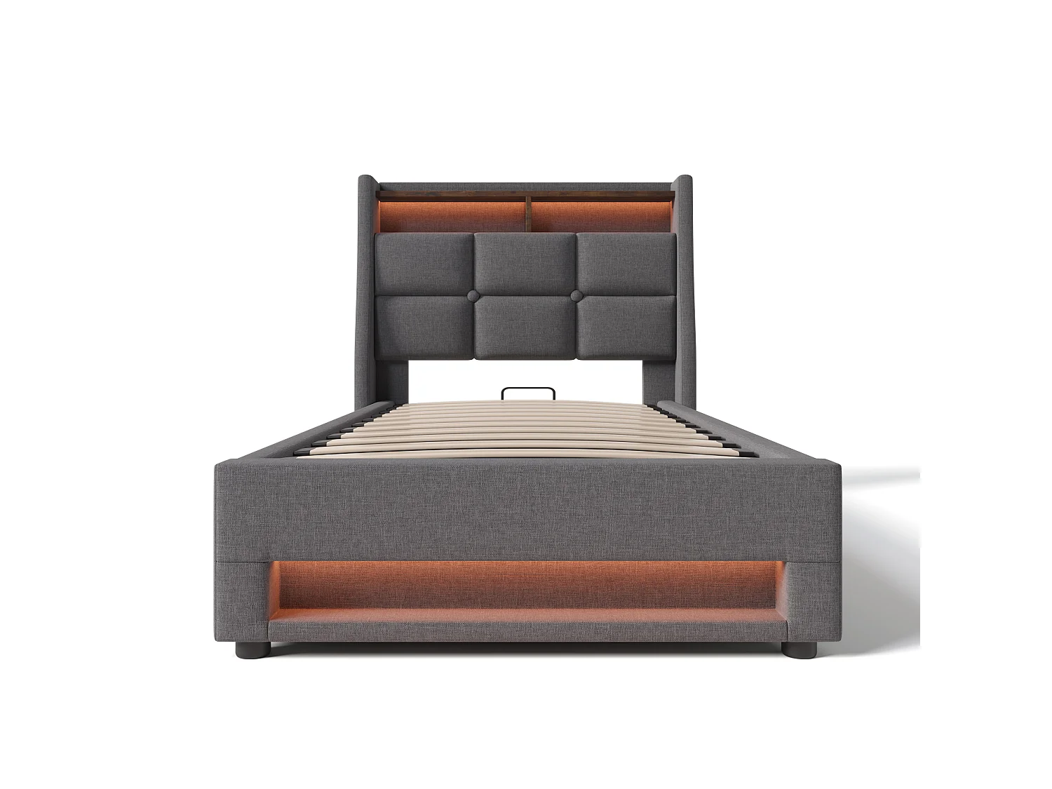 Lit 90x200 cm, Tête de Lit avec Port USB, LED Télécommandée, Rangement Hydraulique, Lin, Sommier à Lattes Inclus, Sans Matelas,Gris