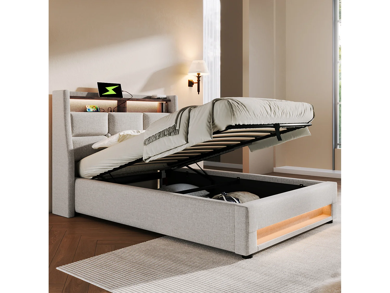 Lit 90x200 cm, Tête de Lit avec Port USB, LED Télécommandée, Rangement Hydraulique, Lin, Sommier à Lattes Inclus, Sans Matelas,Beige