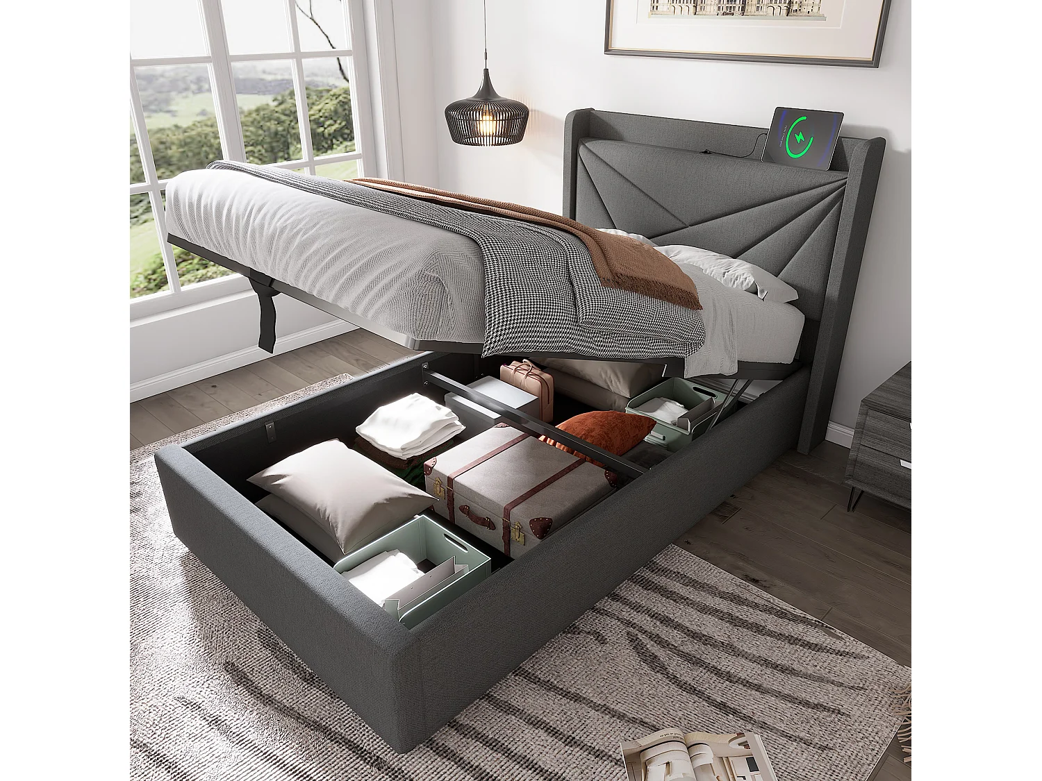 Lit 90x200 cm, Tête de Lit avec USB Type C, Rangement Hydraulique, Lin, Sommier à Lattes Inclus, Sans Matelas, Gris