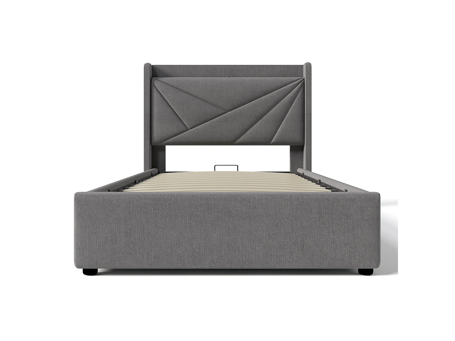 Lit 90x200 cm, Tête de Lit avec USB Type C, Rangement Hydraulique, Lin, Sommier à Lattes Inclus, Sans Matelas, Gris