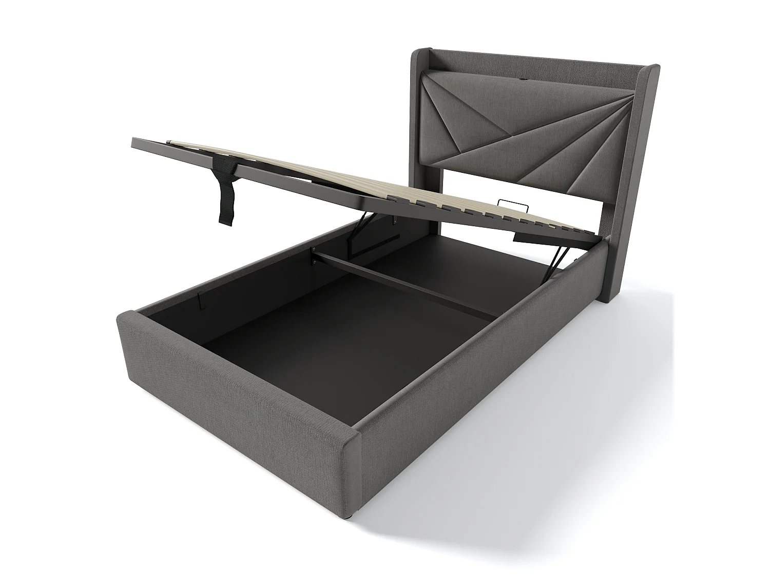 Lit 90x200 cm, Tête de Lit avec USB Type C, Rangement Hydraulique, Lin, Sommier à Lattes Inclus, Sans Matelas, Gris