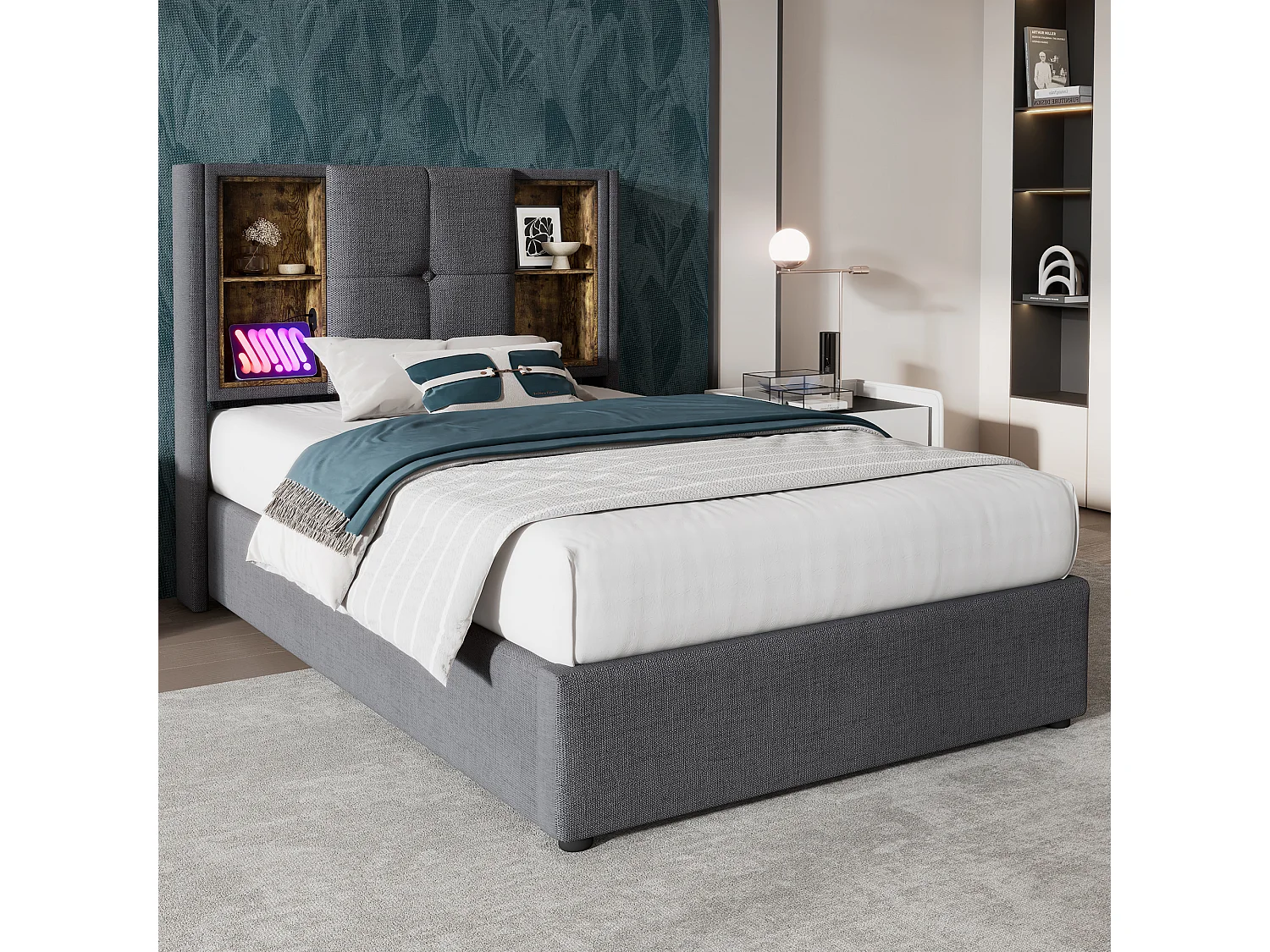 Lit 90x200 Coton, Charge Sans Fil USB Type C, 4 Étagères Tête, Rangement Hydraulique Grand Volume, Latte Bois Élastique, Gris