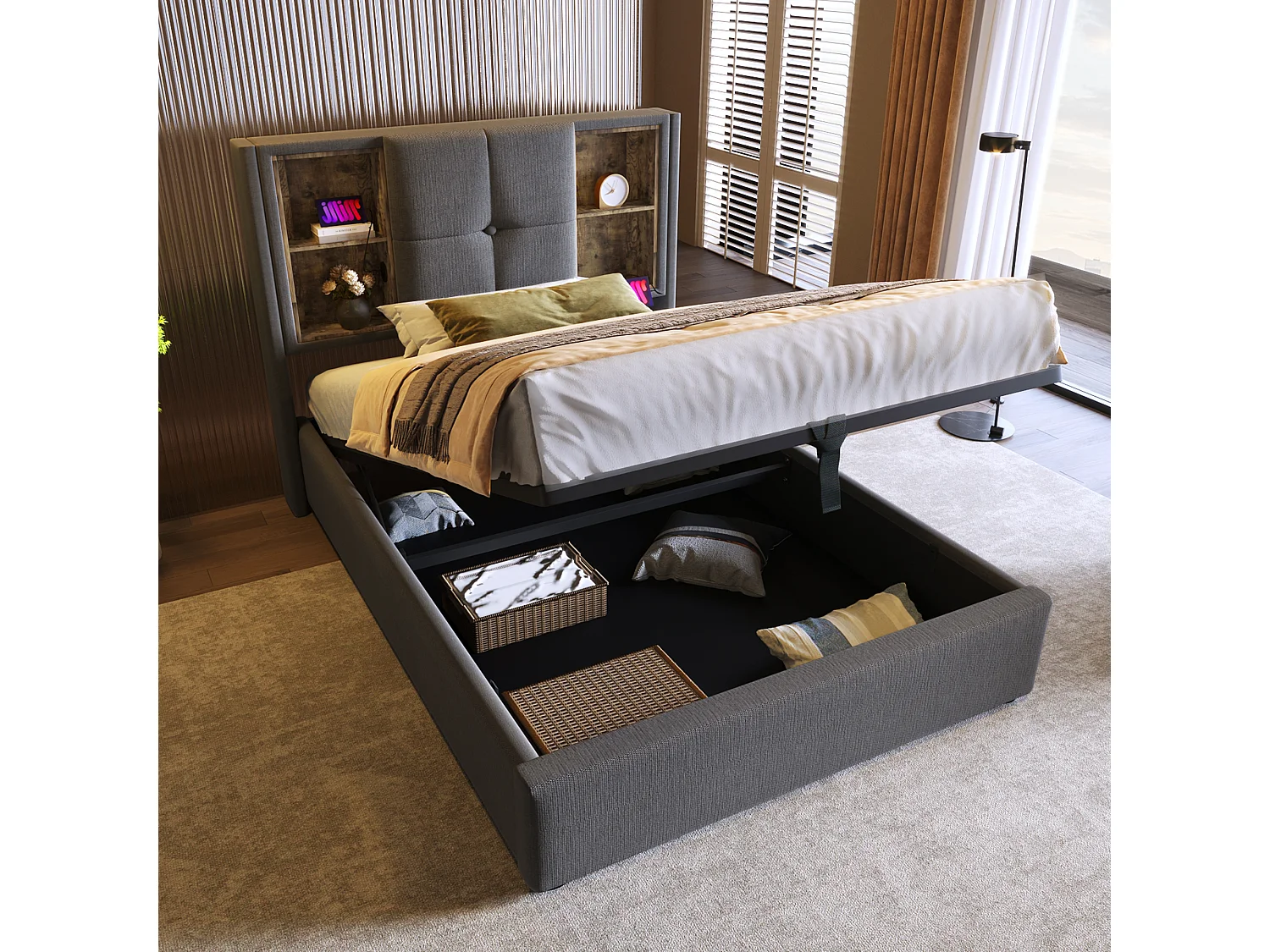 Lit 90x200 Coton, Charge Sans Fil USB Type C, 4 Étagères Tête, Rangement Hydraulique Grand Volume, Latte Bois Élastique, Gris