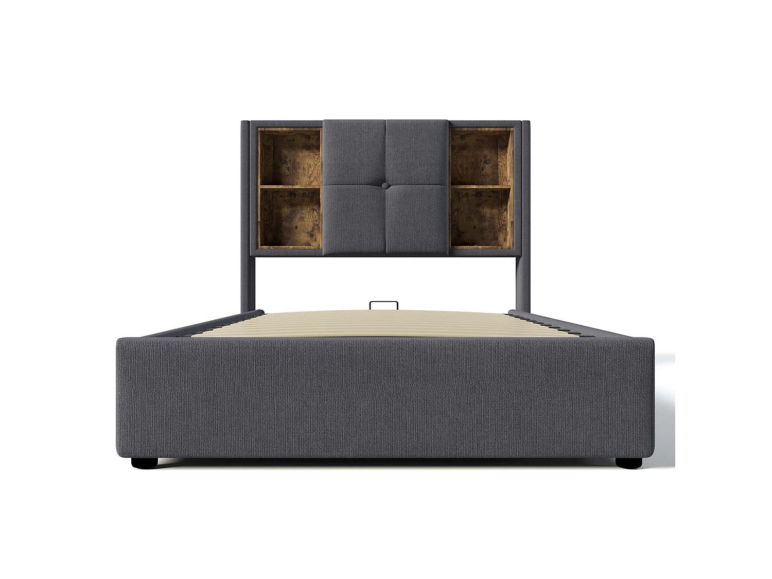 Lit 90x200 Coton, Charge Sans Fil USB Type C, 4 Étagères Tête, Rangement Hydraulique Grand Volume, Latte Bois Élastique, Gris