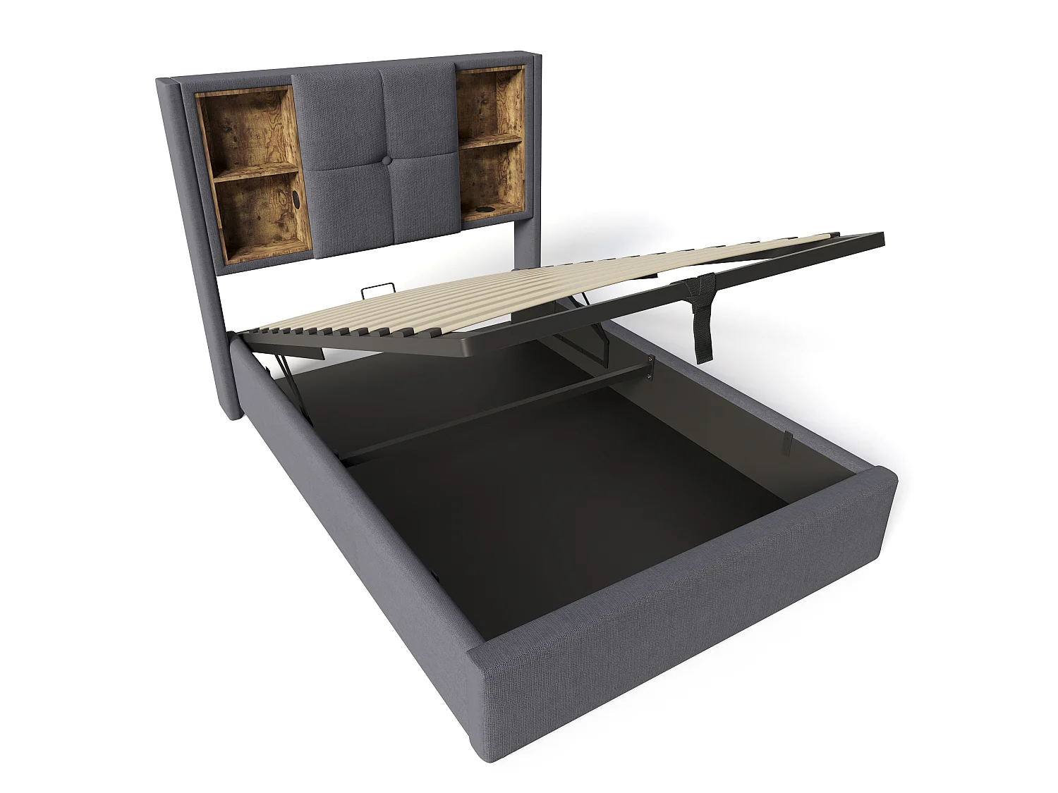 Lit 90x200 Coton, Charge Sans Fil USB Type C, 4 Étagères Tête, Rangement Hydraulique Grand Volume, Latte Bois Élastique, Gris