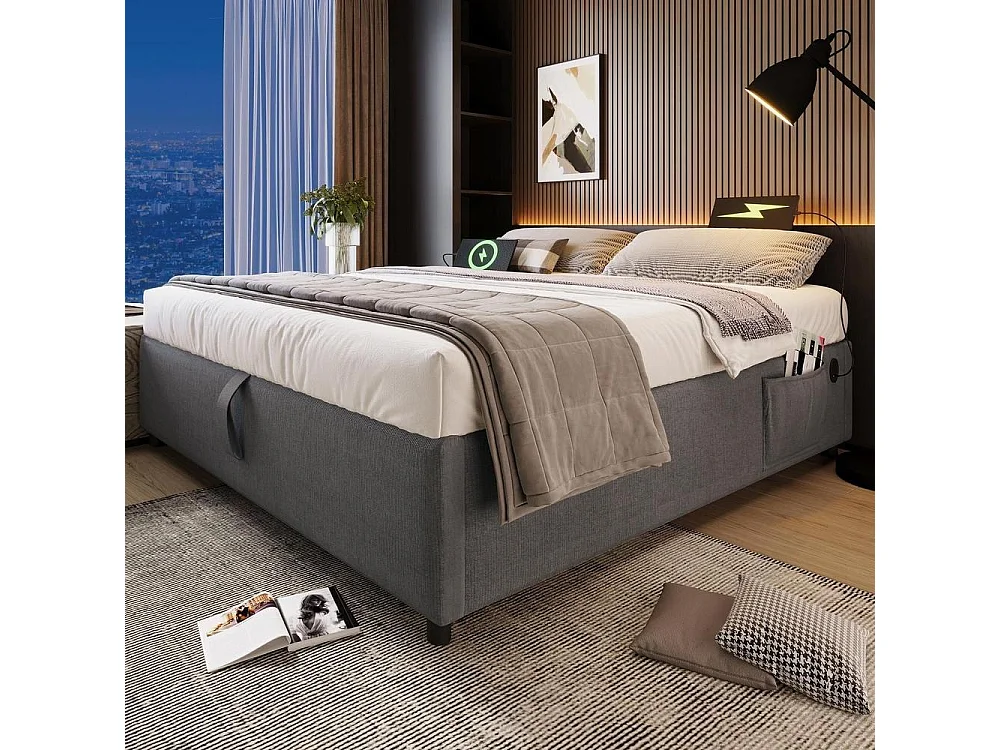 Lit double rembourré 140x200 cm avec rangement hydraulique, ports USB-C, sommier bois massif plein, sans tête de lit, coton gris