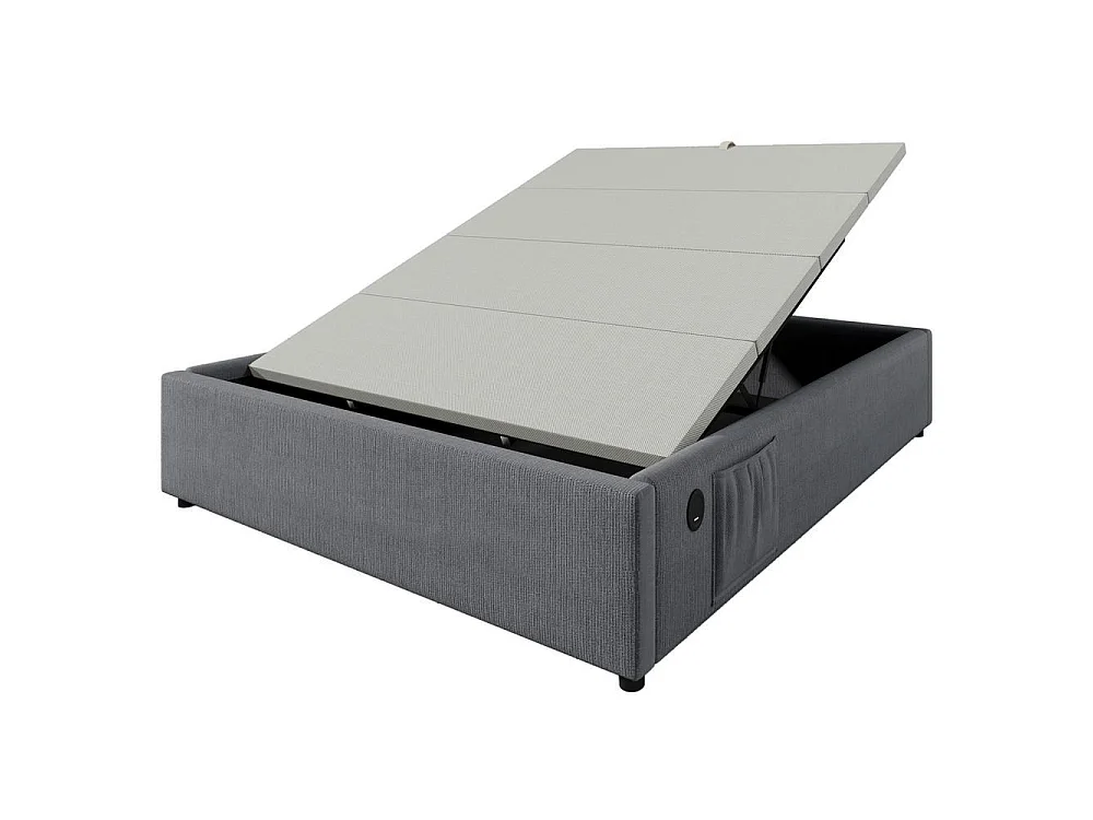 Lit double rembourré 140x200 cm avec rangement hydraulique, ports USB-C, sommier bois massif plein, sans tête de lit, coton gris