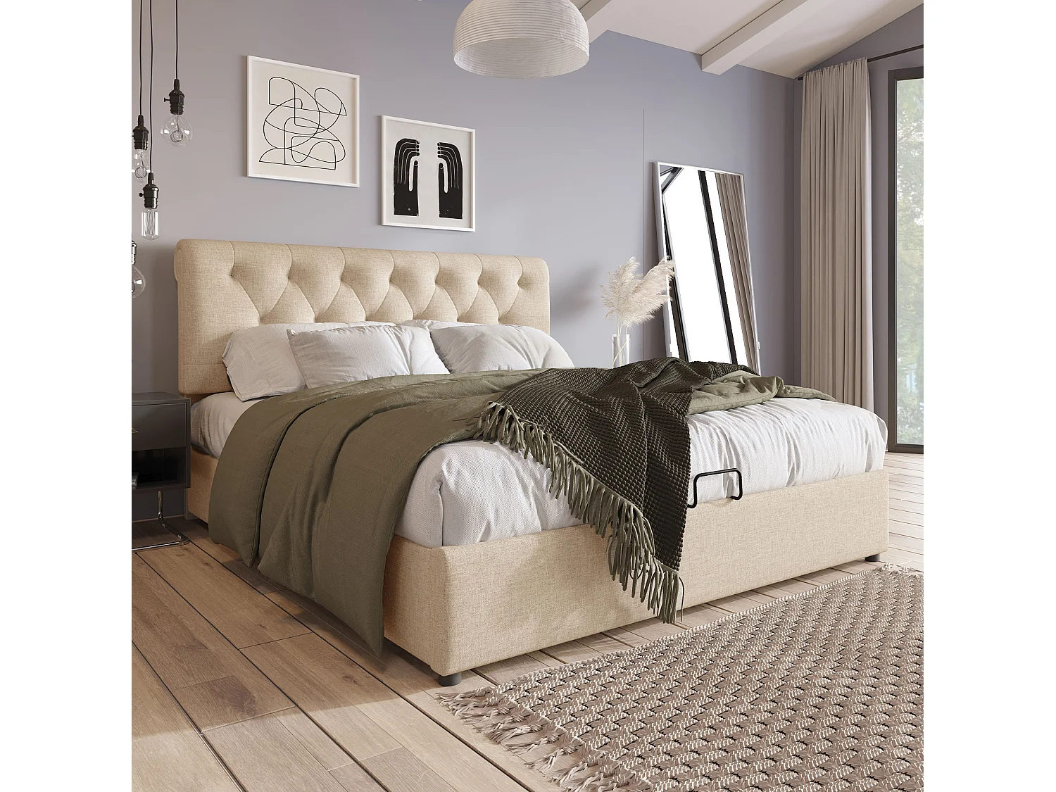 Lit 160x200 cm, Tête de Lit Réglable en Hauteur, Rangement Hydraulique, Lin Naturel, Sommier à Lattes Métal Inclus,Sans Matelas,Rose
