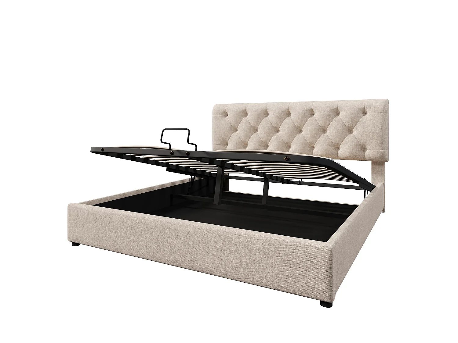 Lit 160x200 cm, Tête de Lit Réglable en Hauteur, Rangement Hydraulique, Lin Naturel, Sommier à Lattes Métal Inclus,Sans Matelas,Rose