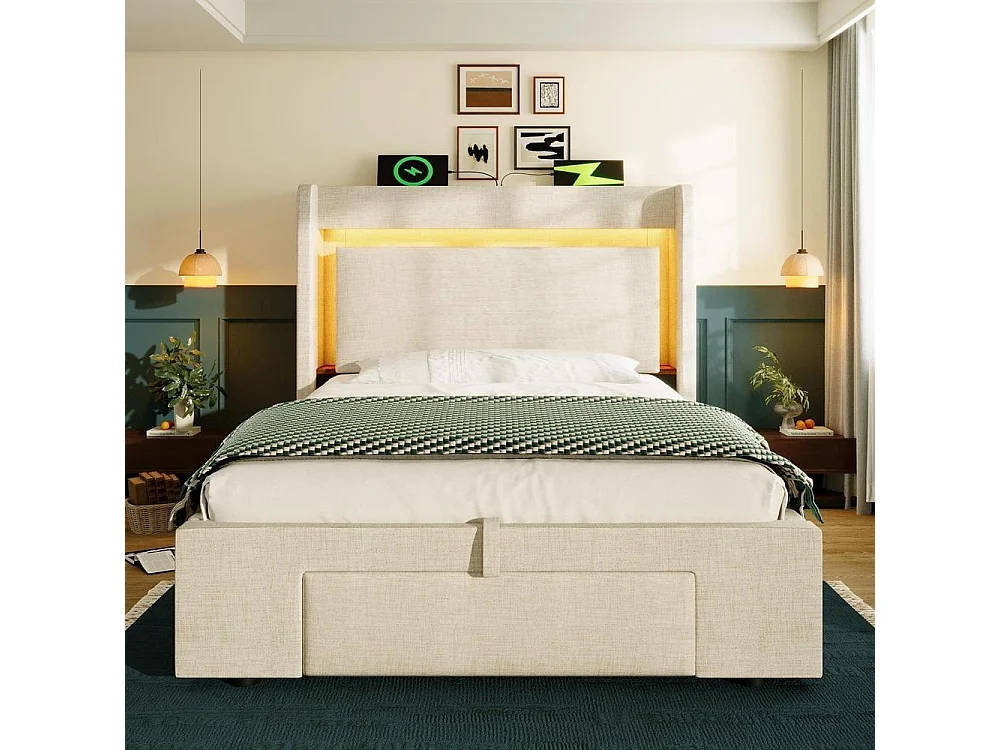 Lit rembourré 90x200 cm avec rangement hydraulique et tiroir, tête de lit avec LED et ports USB, sommier bois, sans matelas, beige