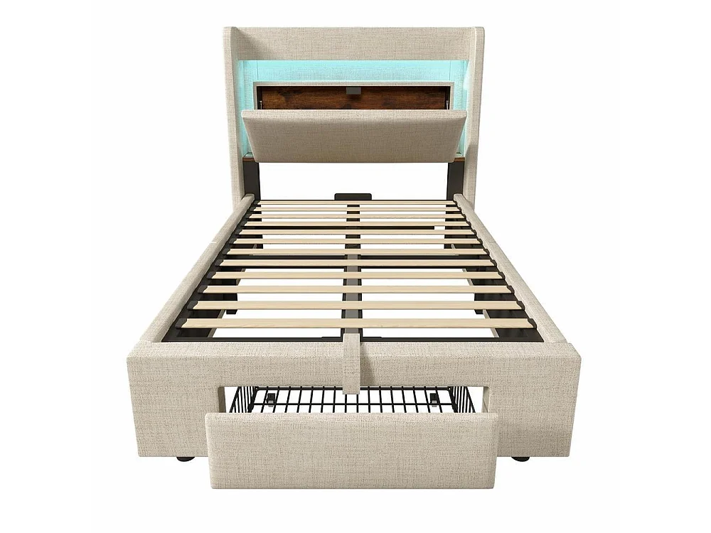 Lit rembourré 90x200 cm avec rangement hydraulique et tiroir, tête de lit avec LED et ports USB, sommier bois, sans matelas, beige