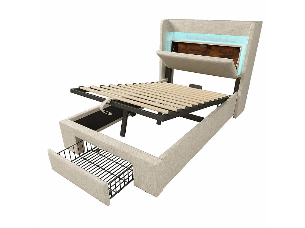 Lit rembourré 90x200 cm avec rangement hydraulique et tiroir, tête de lit avec LED et ports USB, sommier bois, sans matelas, beige
