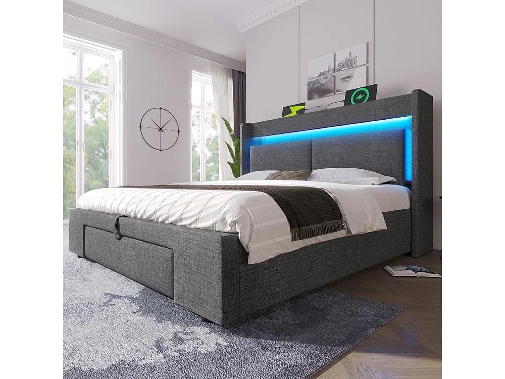 Lit double rembourré 140x200 cm avec rangement hydraulique et tête de lit à compartiments, LED et ports USB, sommier bois, lin gris
