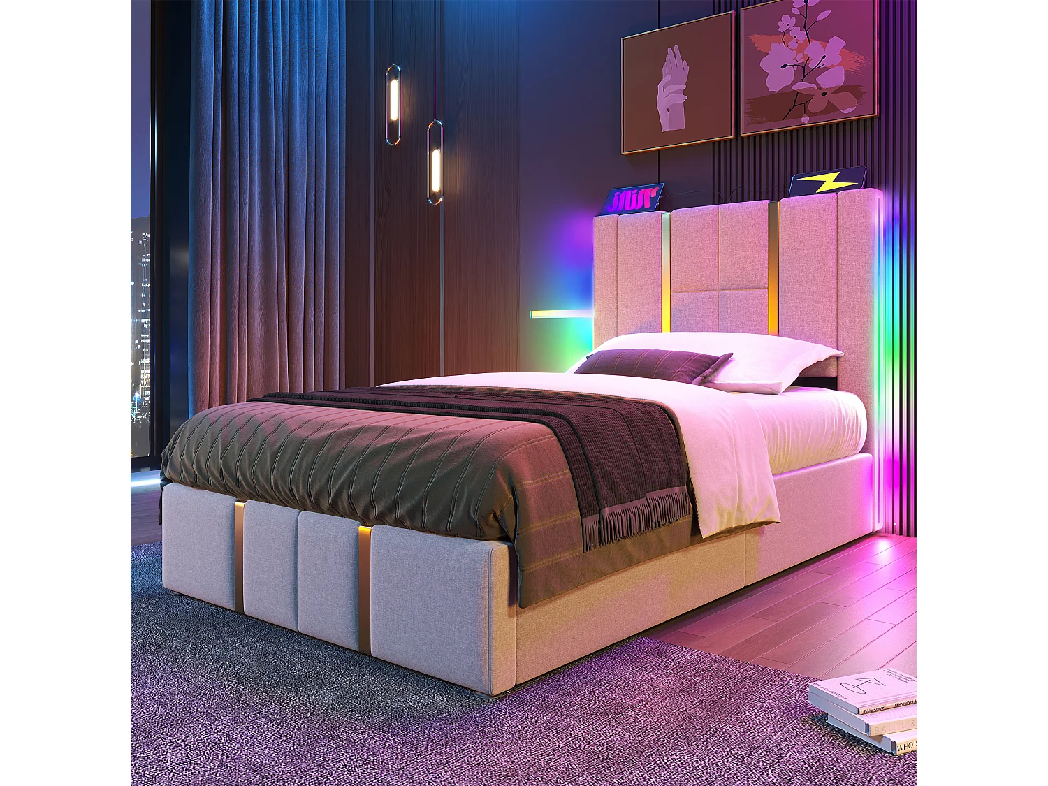 Lit simple 90x200 cm, LED RGB, USB Type-C, rangement hydraulique, sommier bois, sans matelas, lin beige