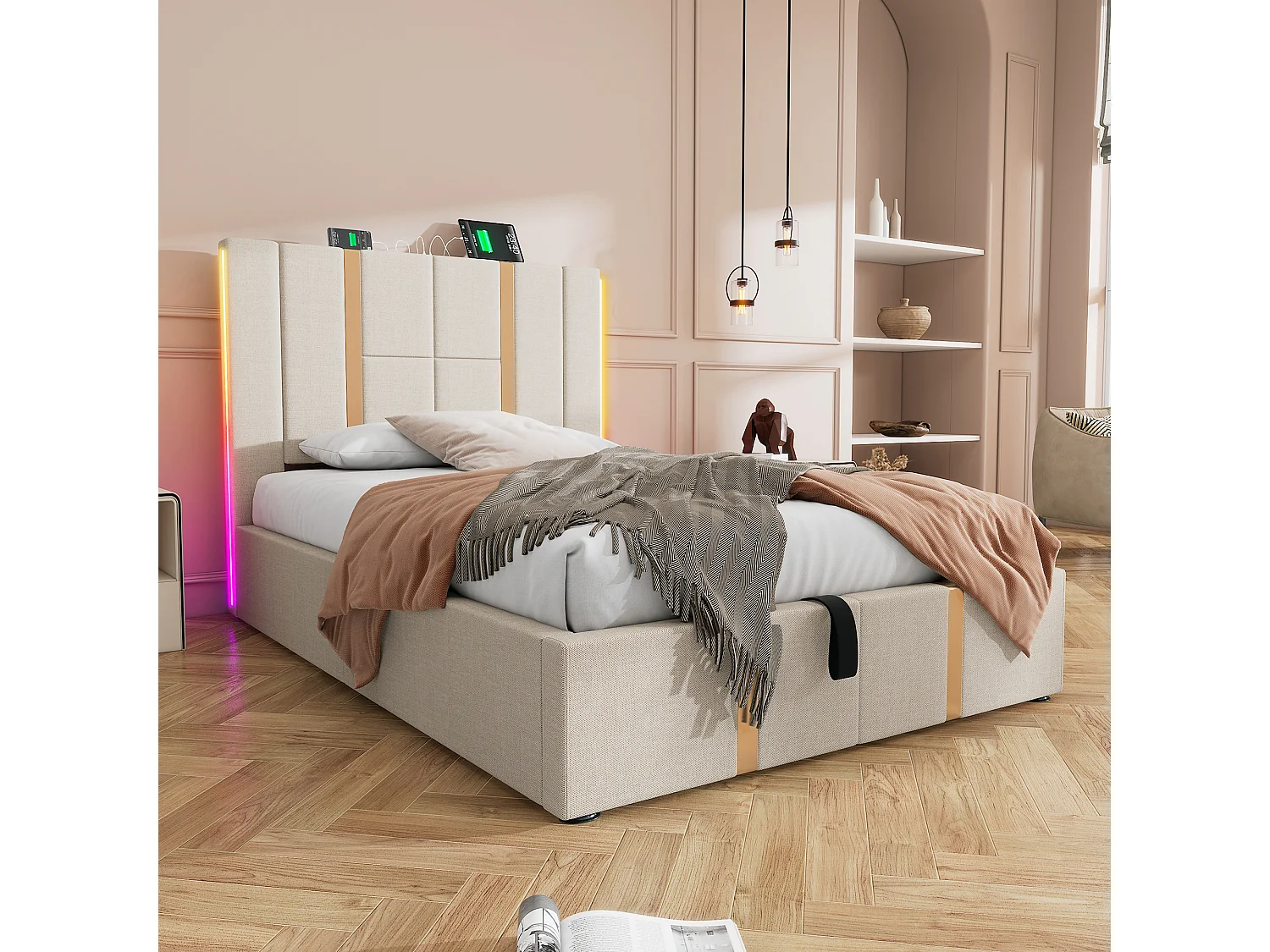 Lit simple 90x200 cm, LED RGB, USB Type-C, rangement hydraulique, sommier bois, sans matelas, lin beige