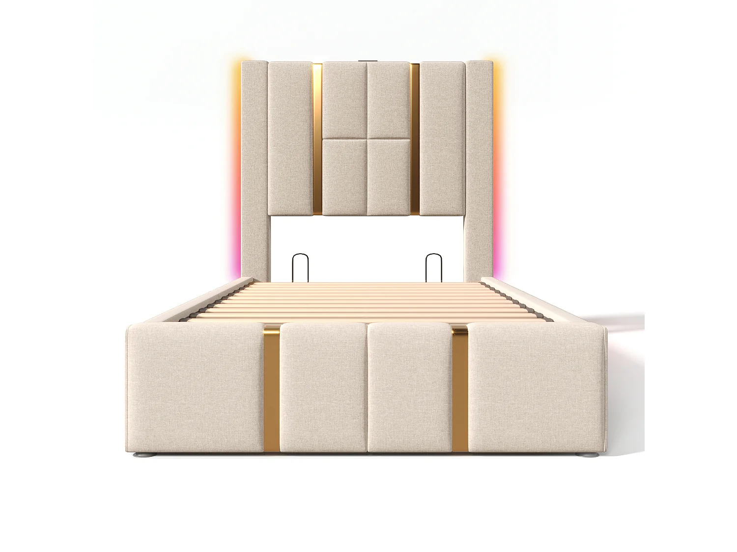Lit simple 90x200 cm, LED RGB, USB Type-C, rangement hydraulique, sommier bois, sans matelas, lin beige