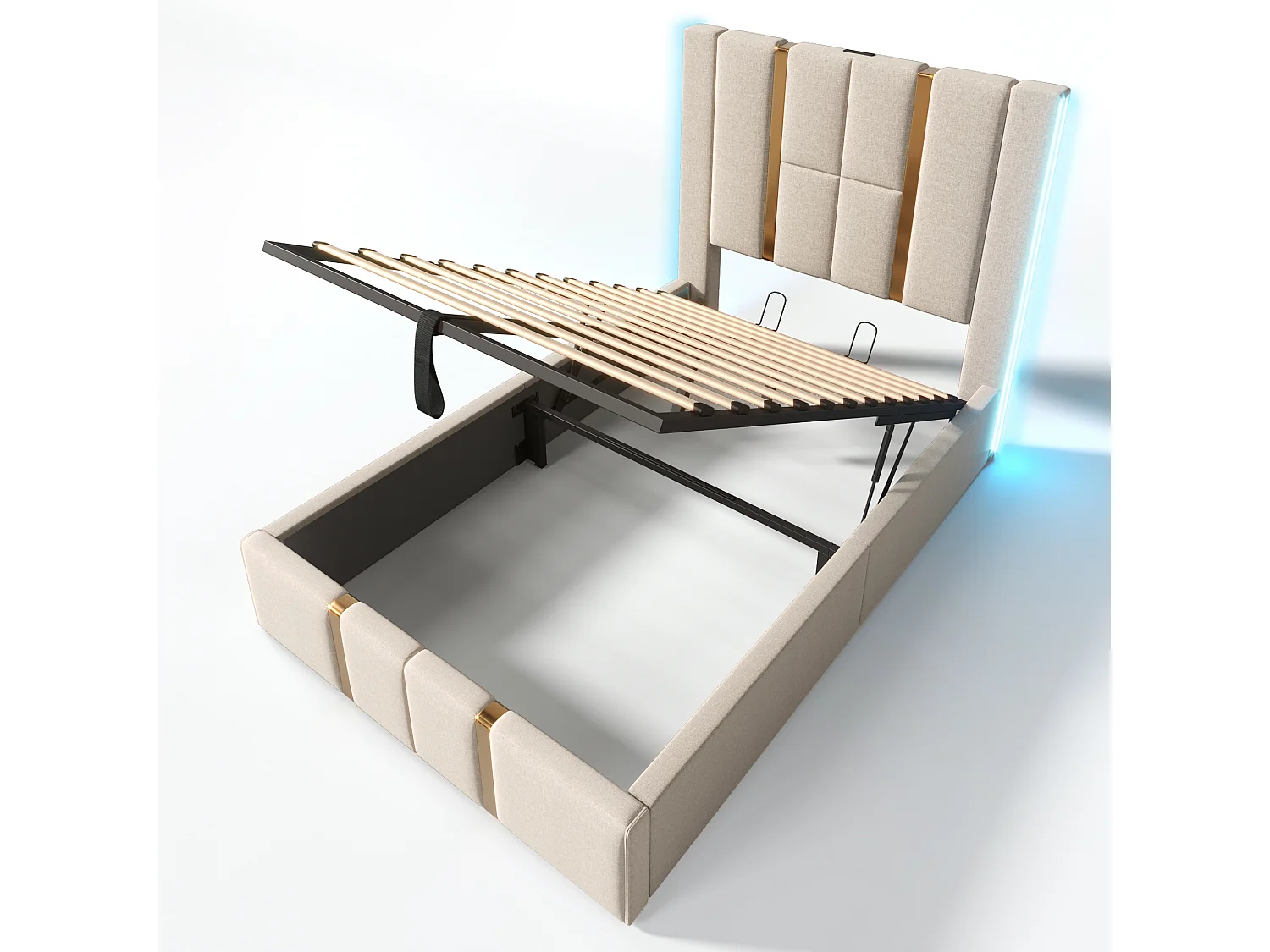 Lit simple 90x200 cm, LED RGB, USB Type-C, rangement hydraulique, sommier bois, sans matelas, lin beige