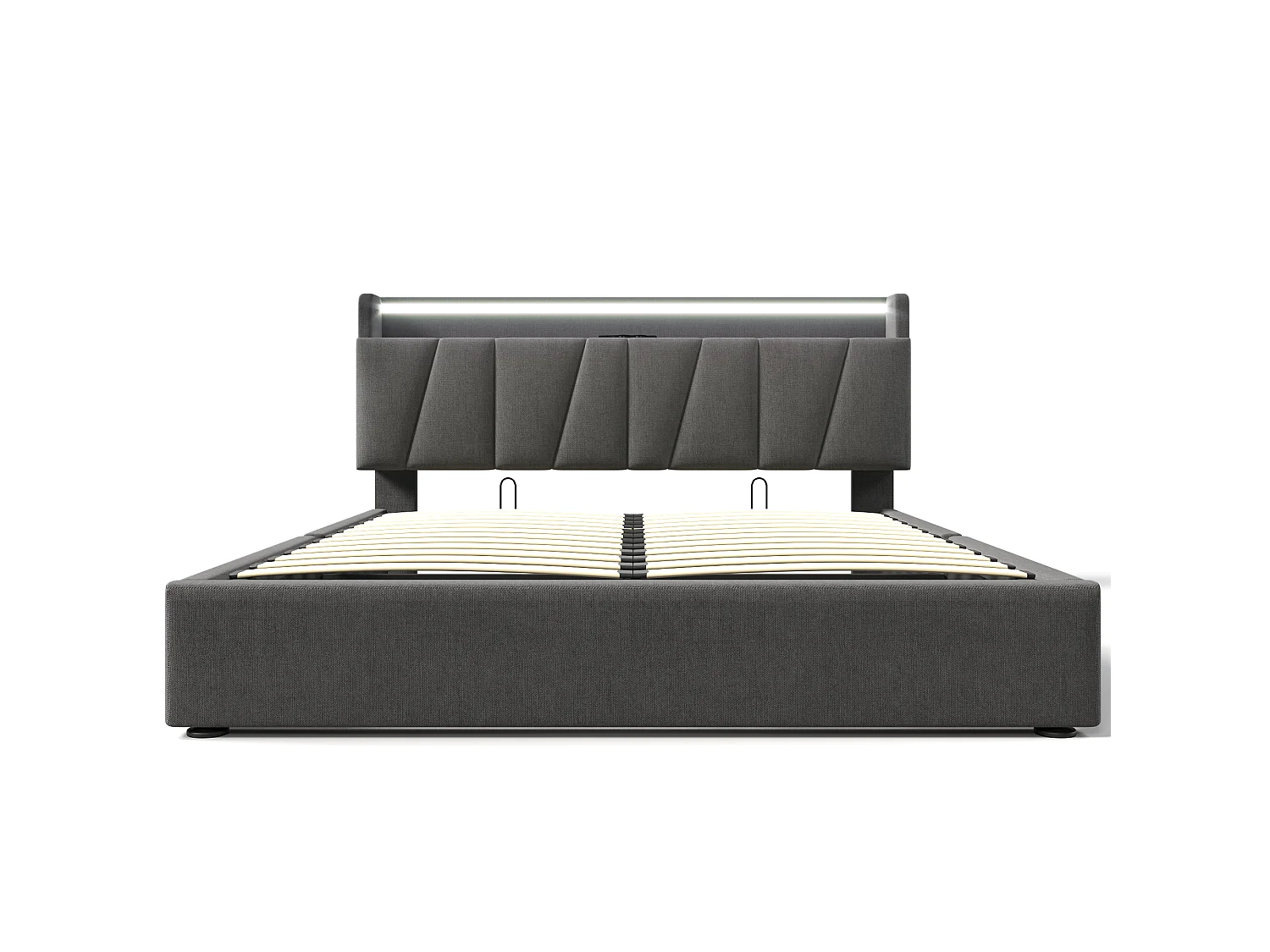 Lit 140x200 cm, Tête de Lit avec USB Type C, LED RGBW Contrôlable par App, Double Rangement Hydraulique,Sommier à Lattes Inclus,Gris