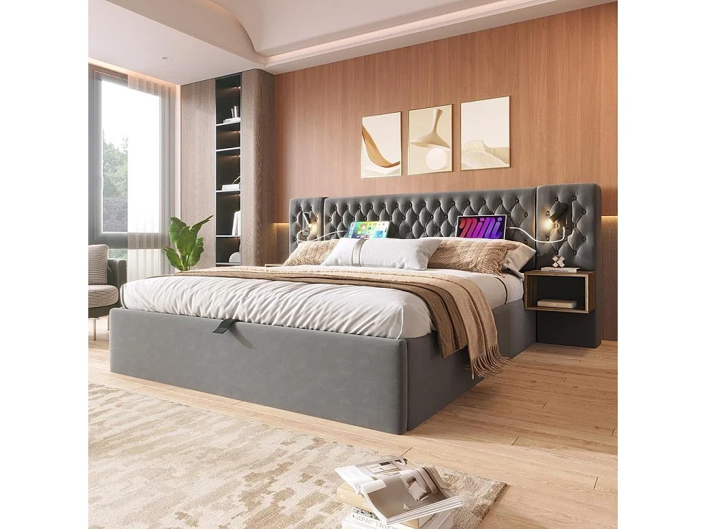 Ensemble de literie 160x200 cm avec rangement hydraulique, 2 tables de nuit, tête de lit lumineuse avec ports USB, velours, gris