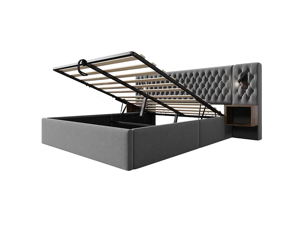 Ensemble de literie 160x200 cm avec rangement hydraulique, 2 tables de nuit, tête de lit lumineuse avec ports USB, velours, gris