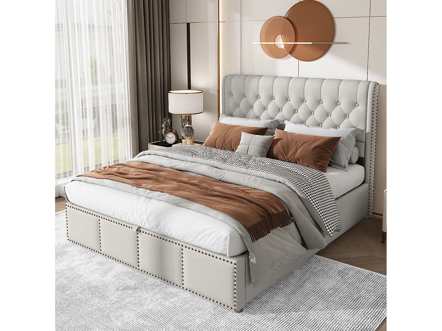 Lit Rembourré Coton Lin 140x200, Style Européen Minimaliste, Hydraulique Rangement, Décoration Clous Personnalisée, sans Matelas