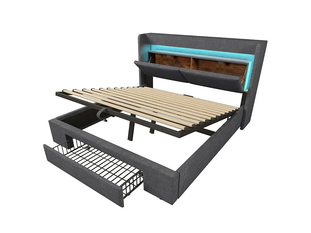 Lit Double 160x200 cm, Lin, LED Tête, Télécommande, USB Type C, Hydraulique, Rangement, Lattes, Sans Matelas, Gris