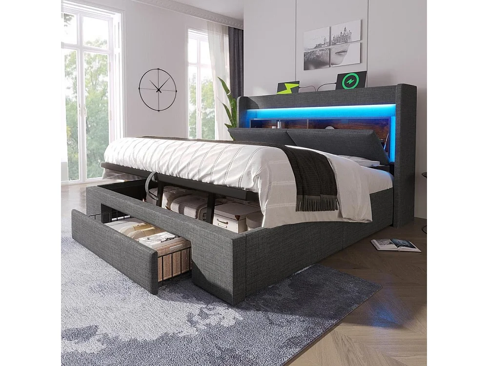 Lit Double 160x200 cm, Lin, LED Tête, Télécommande, USB Type C, Hydraulique, Rangement, Lattes, Sans Matelas, Gris