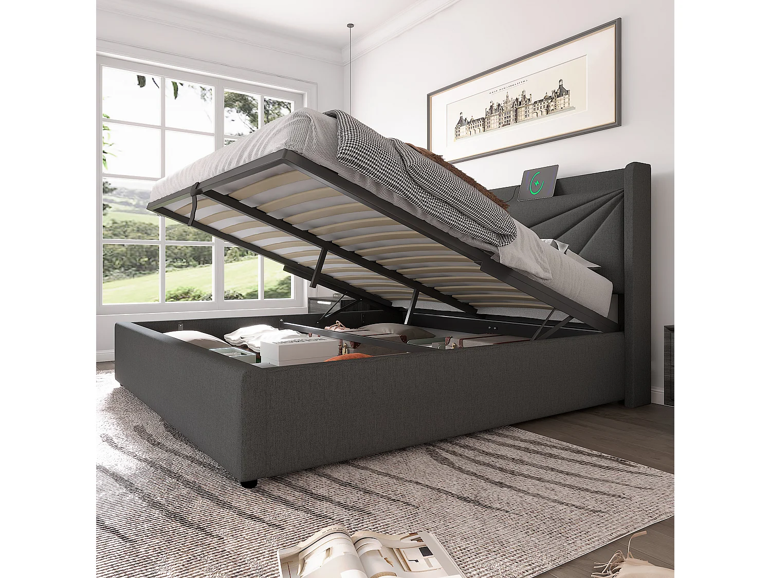 Lit 140x200 cm, Tête de Lit avec USB Type C, Rangement Hydraulique, Lin, Sommier à Lattes Inclus, Sans Matelas, Gris