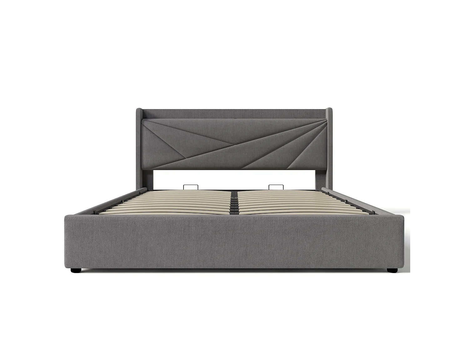Lit 140x200 cm, Tête de Lit avec USB Type C, Rangement Hydraulique, Lin, Sommier à Lattes Inclus, Sans Matelas, Gris